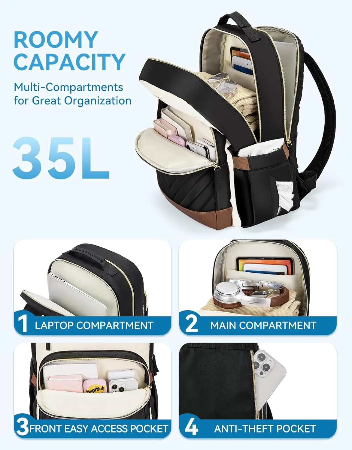 BOSTANTEN 15.6 Inch Laptop Backpack for Women- College Teacher Computer Bag Travel Backpack Purse Brown＆Black