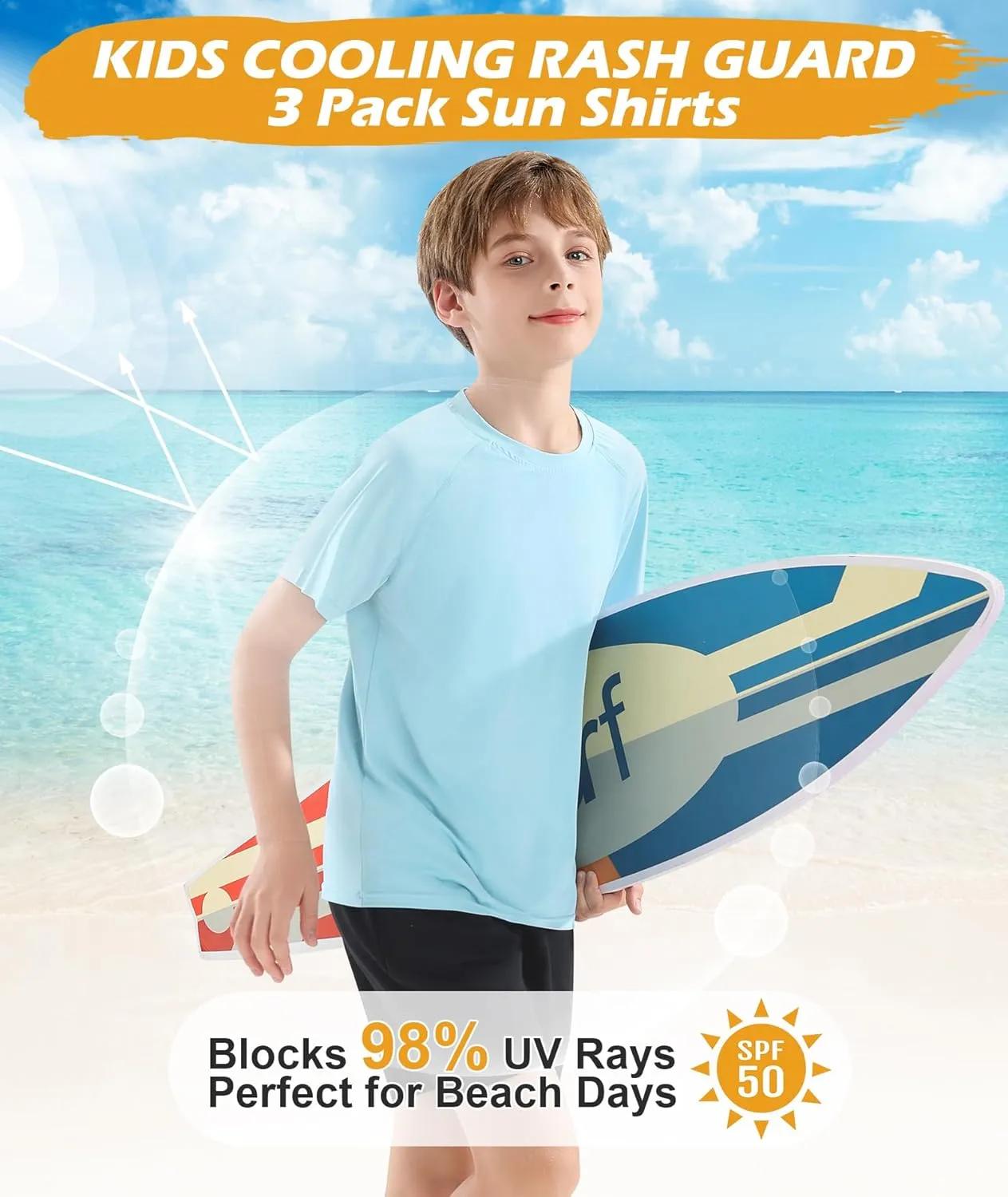 Boys Swim Shirt UPF 50  Kids Rash Guard Short Sleeve 3 Pack Youth Sun UV Protection SPF Water Fishing Top Shirts 5-18Y