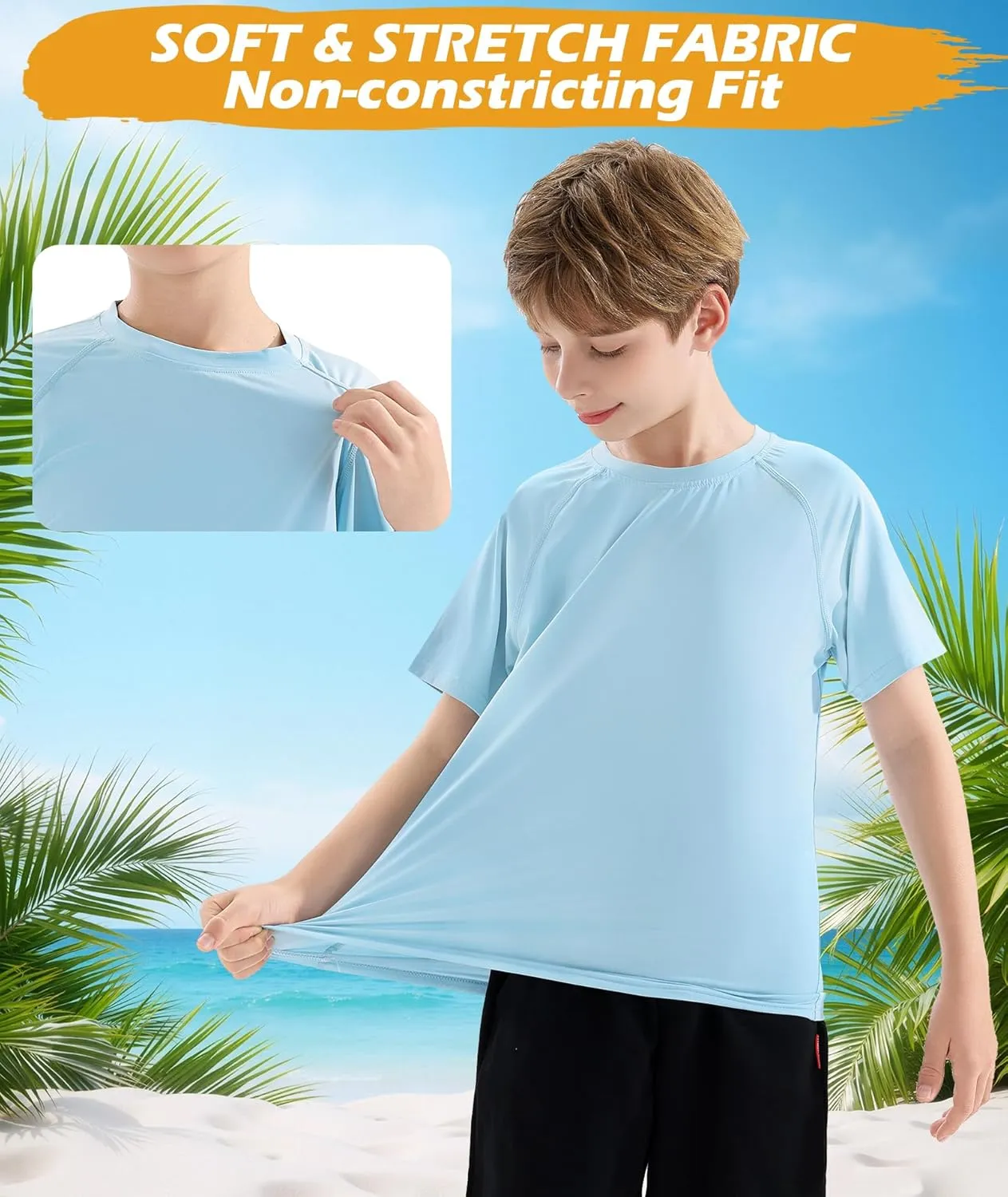 Boys Swim Shirt UPF 50  Kids Rash Guard Short Sleeve 3 Pack Youth Sun UV Protection SPF Water Fishing Top Shirts 5-18Y