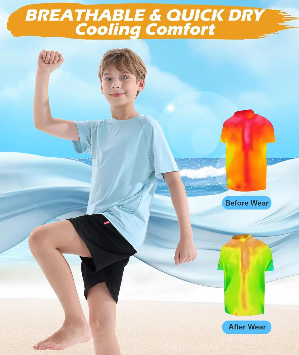 Boys Swim Shirt UPF 50  Kids Rash Guard Short Sleeve 3 Pack Youth Sun UV Protection SPF Water Fishing Top Shirts 5-18Y
