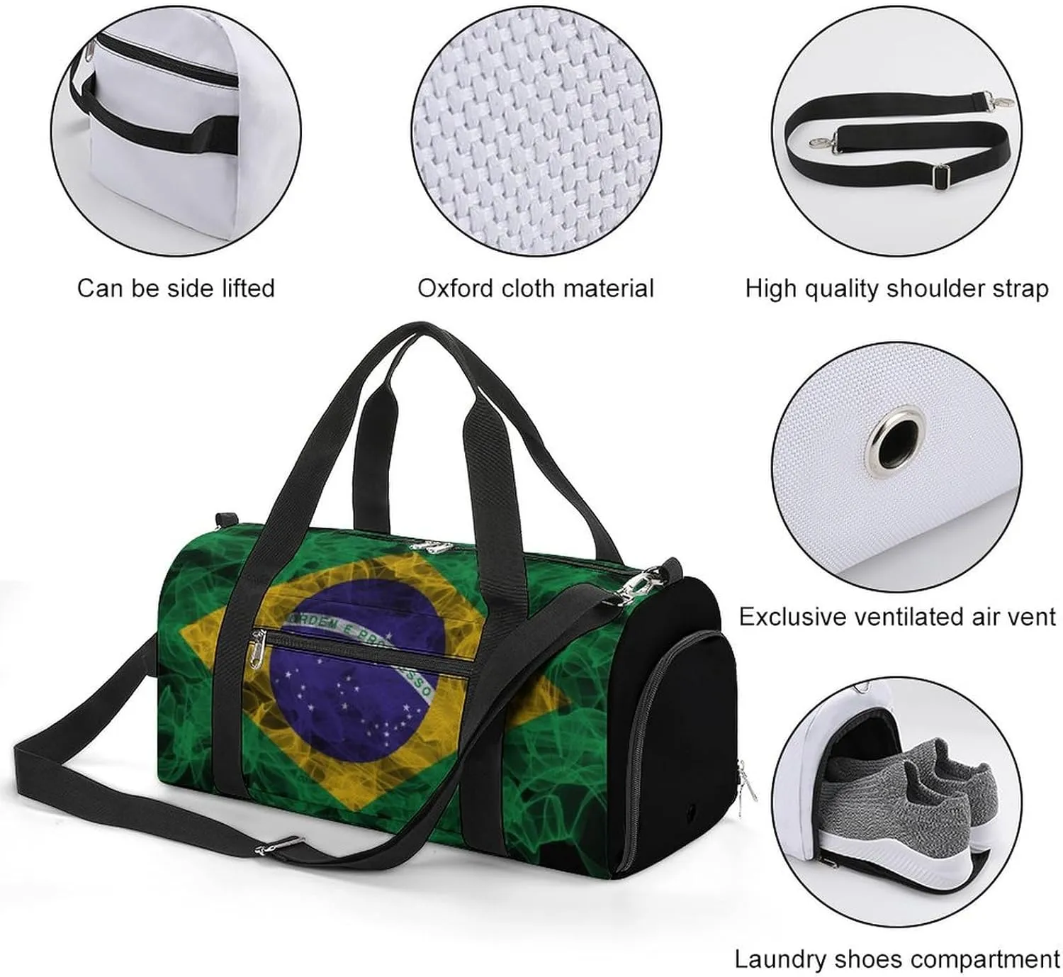 Brazil Flag Smoke Style Travel Duffel Bag with Shoe Compartment for Gym Yoga Beach Weekender