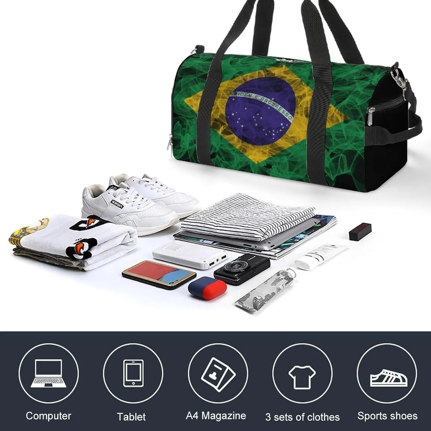 Brazil Flag Smoke Style Travel Duffel Bag with Shoe Compartment for Gym Yoga Beach Weekender