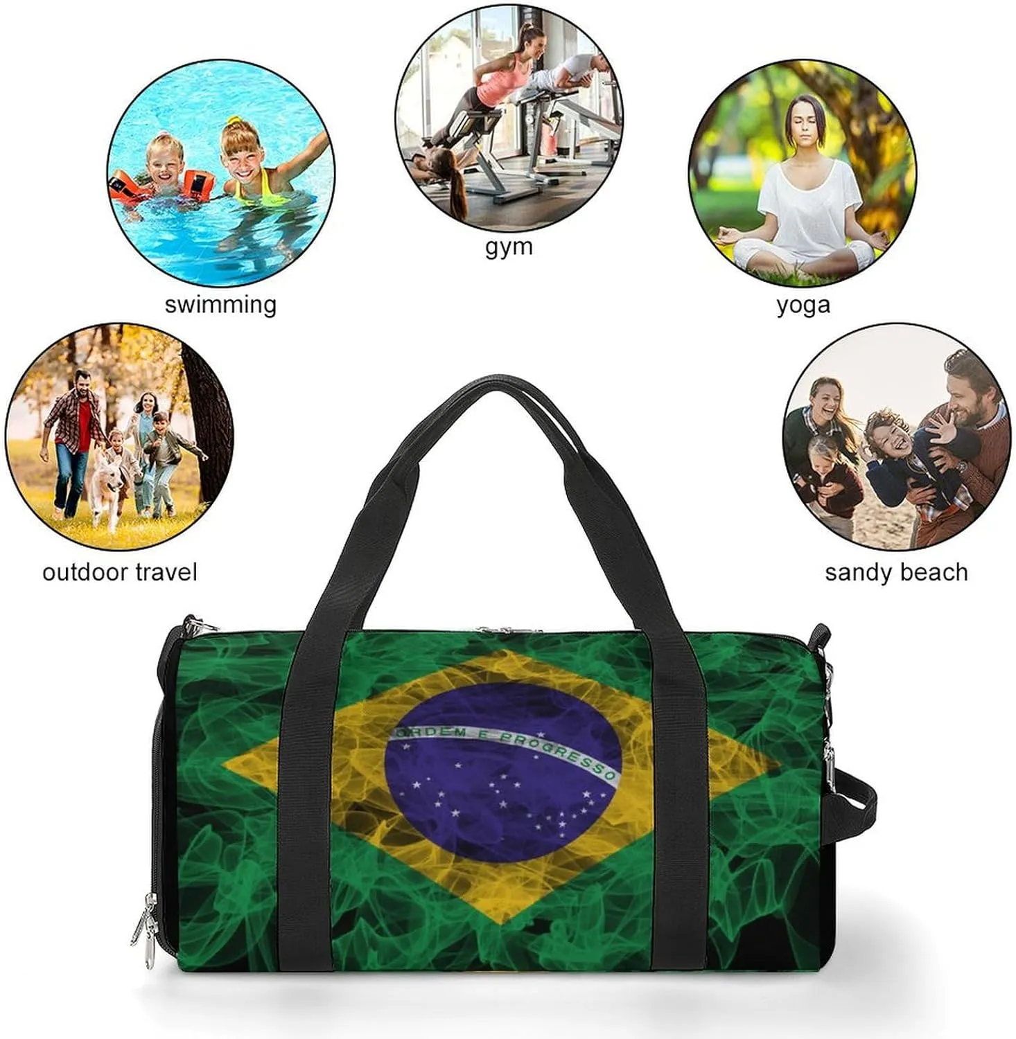 Brazil Flag Smoke Style Travel Duffel Bag with Shoe Compartment for Gym Yoga Beach Weekender