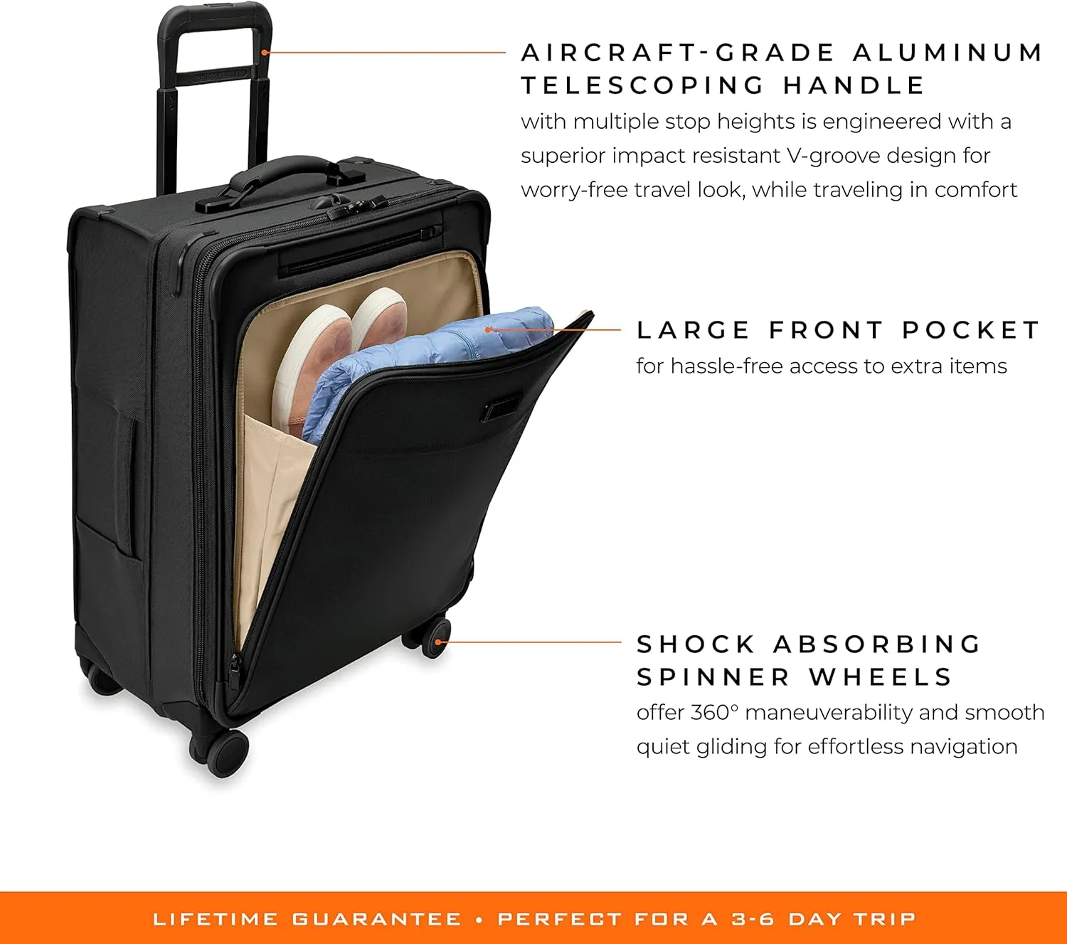 Briggs & Riley 26" Medium Expandable Spinner - Checked Luggage for Travel, Suitcases with Wheels, Softside Rolling Bag for Men & Women, Self-Repairing Zipper - Baseline Collection, Black