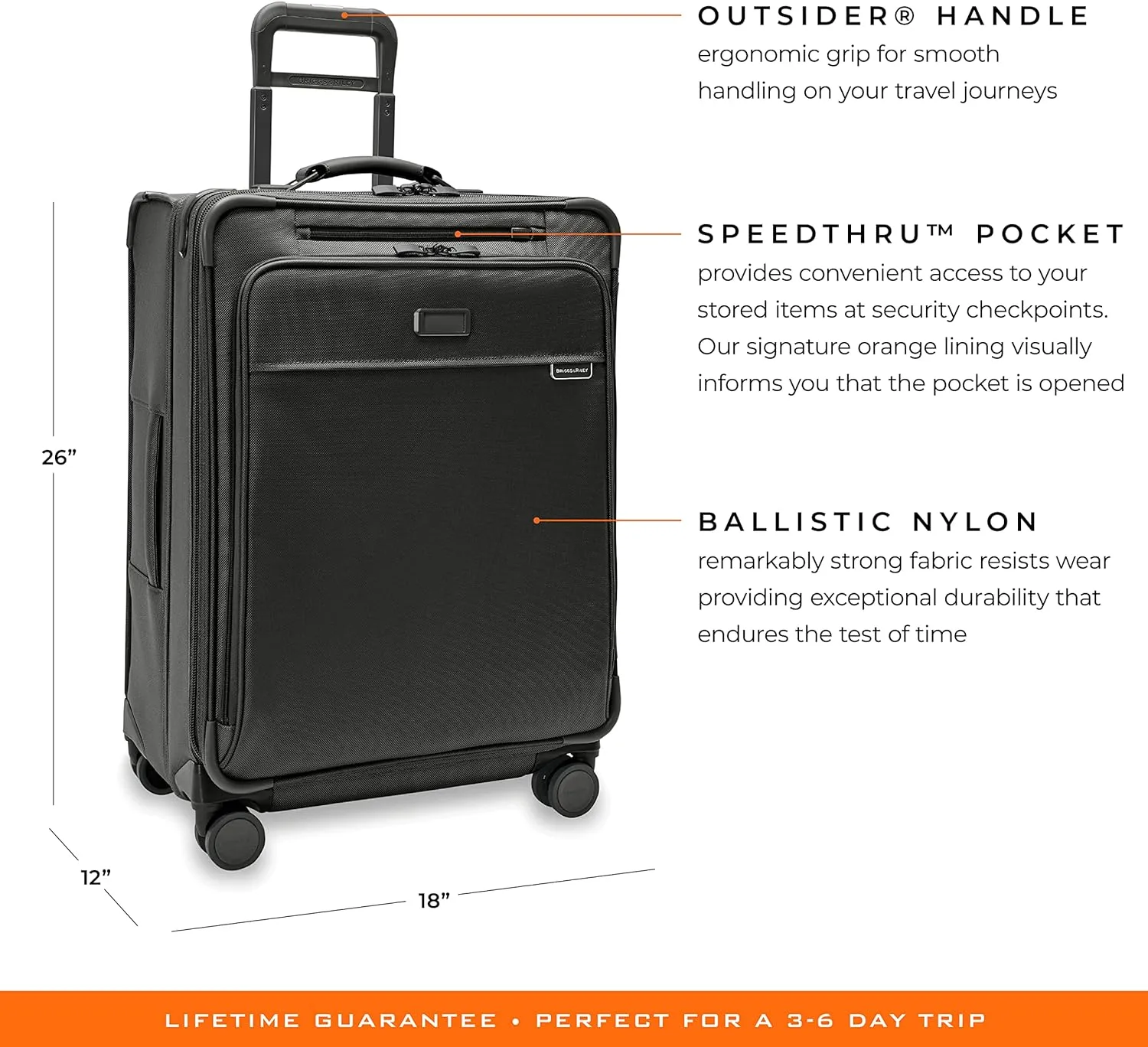 Briggs & Riley 26" Medium Expandable Spinner - Checked Luggage for Travel, Suitcases with Wheels, Softside Rolling Bag for Men & Women, Self-Repairing Zipper - Baseline Collection, Black