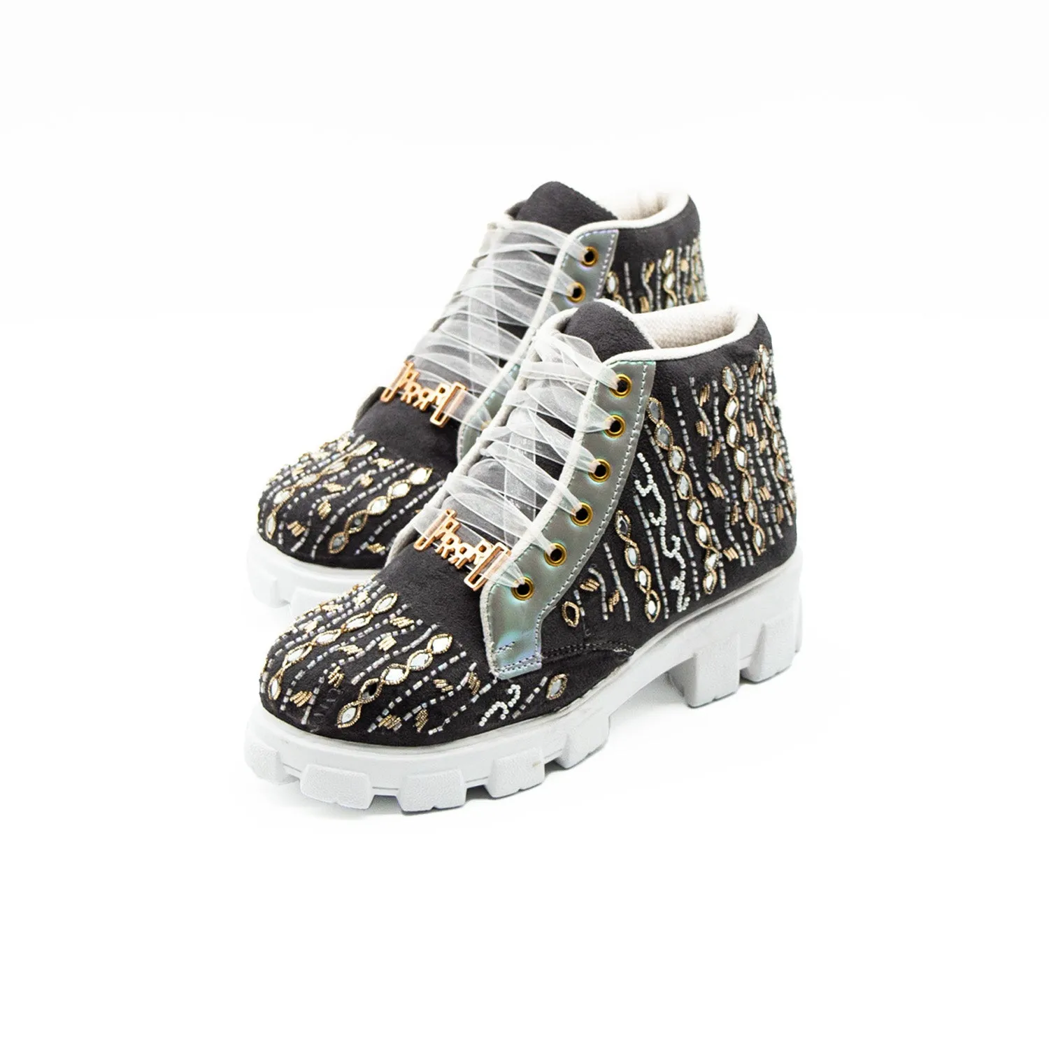 Brooklyn Luxury Slate Suede Handmade Embellished Boot