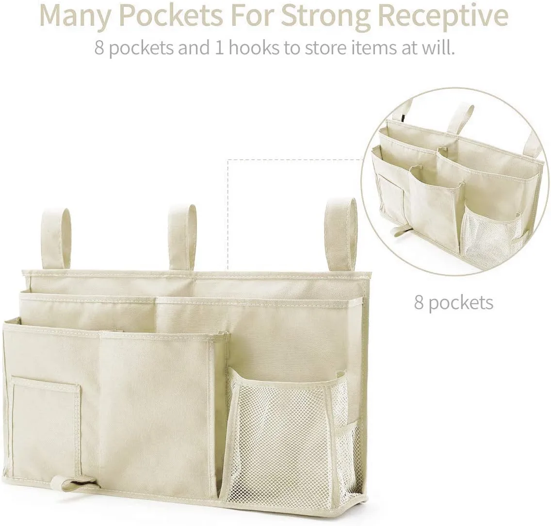 Bseash Bunk Bed Organizer, Bedside Caddy Hanging Bed Organizer Storage Bag 8 Pockets, for College Dorm Rooms Bed, Hospital Bed, Baby Bed Rails, 600D Oxford Cloth (Beige)