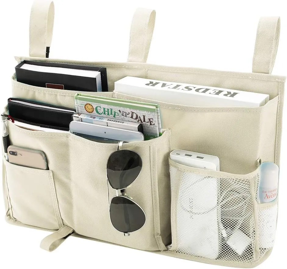 Bseash Bunk Bed Organizer, Bedside Caddy Hanging Bed Organizer Storage Bag 8 Pockets, for College Dorm Rooms Bed, Hospital Bed, Baby Bed Rails, 600D Oxford Cloth (Beige)