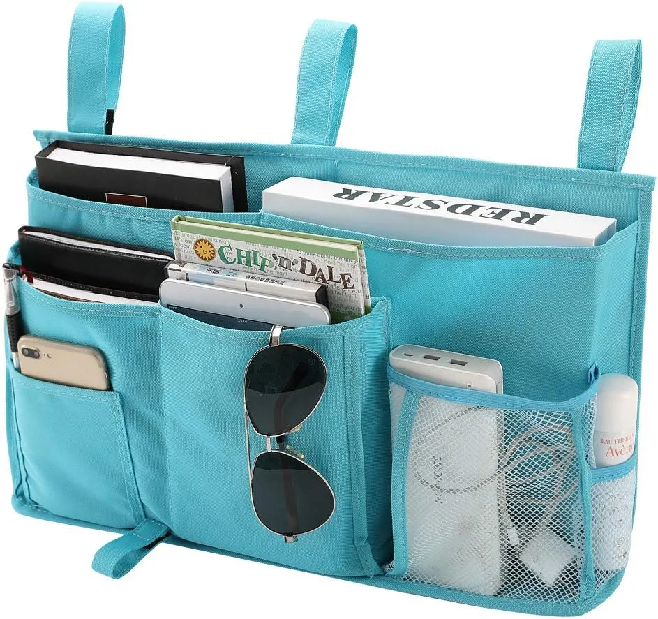 Bseash Bunk Bed Organizer, Bedside Caddy Hanging Bed Organizer Storage Bag 8 Pockets, for College Dorm Rooms Bed, Hospital Bed, Baby Bed Rails, 600D Oxford Cloth (Light Blue)