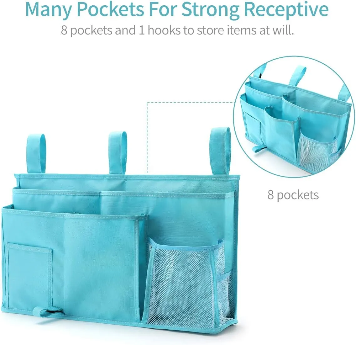 Bseash Bunk Bed Organizer, Bedside Caddy Hanging Bed Organizer Storage Bag 8 Pockets, for College Dorm Rooms Bed, Hospital Bed, Baby Bed Rails, 600D Oxford Cloth (Light Blue)