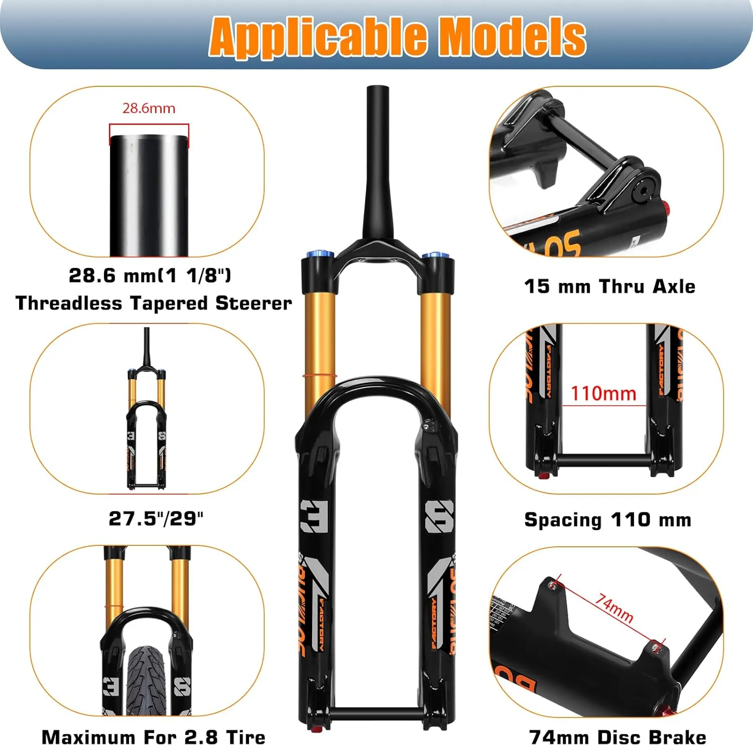 BUCKLOS Factory 38 27.5/29 inch 110 * 15mm Boost Downhill Tapered Air Suspension Fork, 180mm Travel 38mm Inner Tube Thru Axle Rebound Adjustment Disc Brake Front Forks, fit Mountain Bike AM DH.