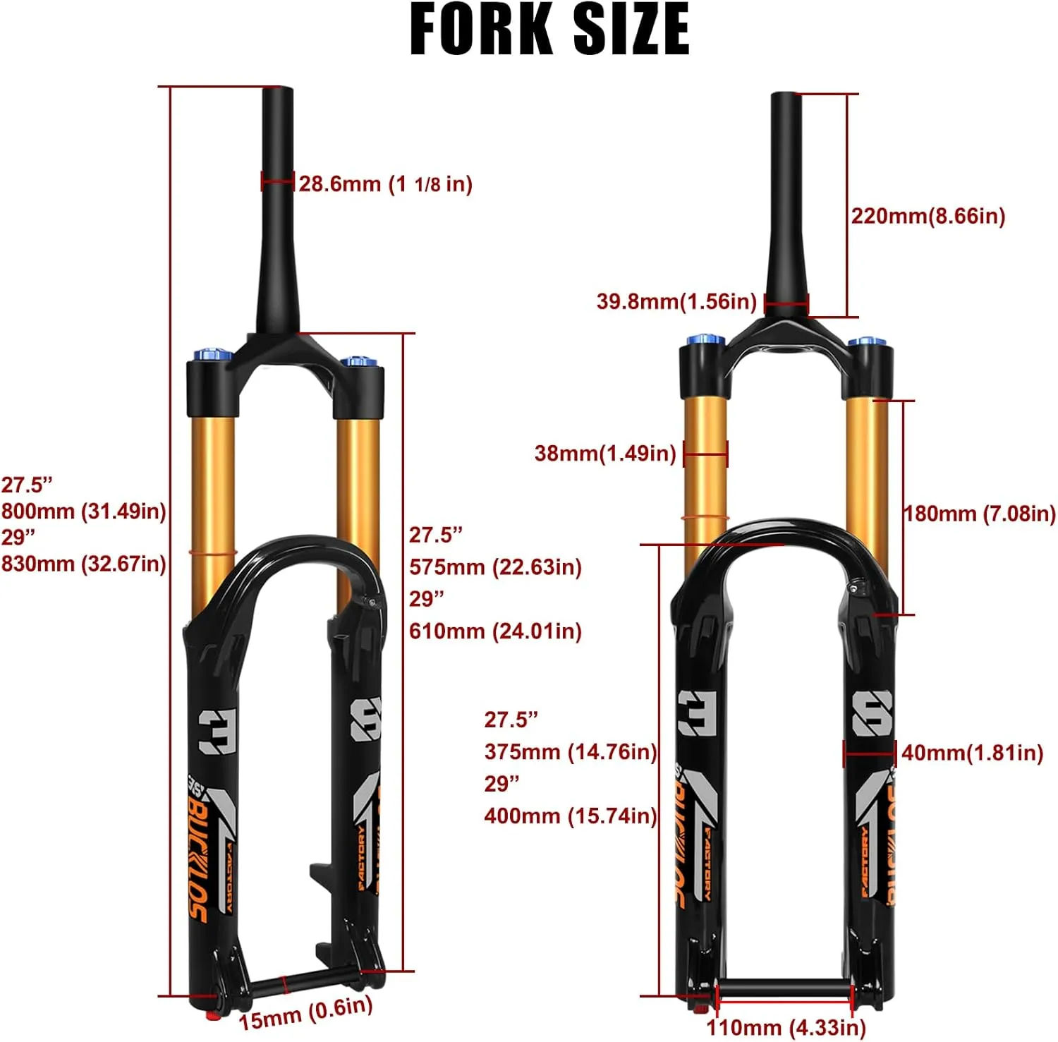 BUCKLOS Factory 38 27.5/29 inch 110 * 15mm Boost Downhill Tapered Air Suspension Fork, 180mm Travel 38mm Inner Tube Thru Axle Rebound Adjustment Disc Brake Front Forks, fit Mountain Bike AM DH.