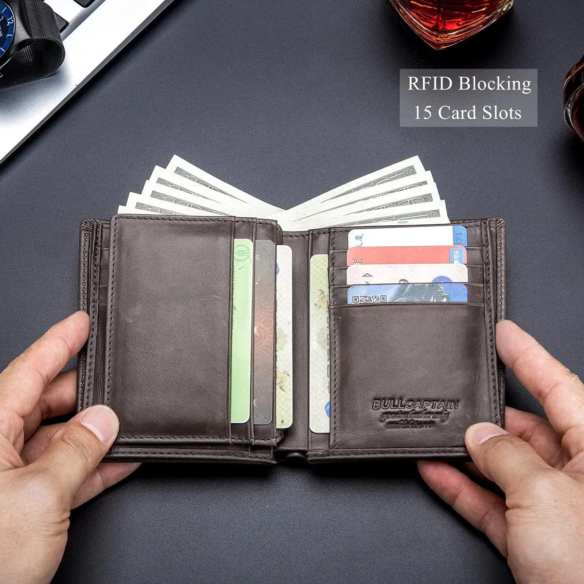 BULLCAPTAIN Large Capacity Genuine Leather Bifold Wallet/Credit Card Holder for Men with 15 Card Slots QB-027