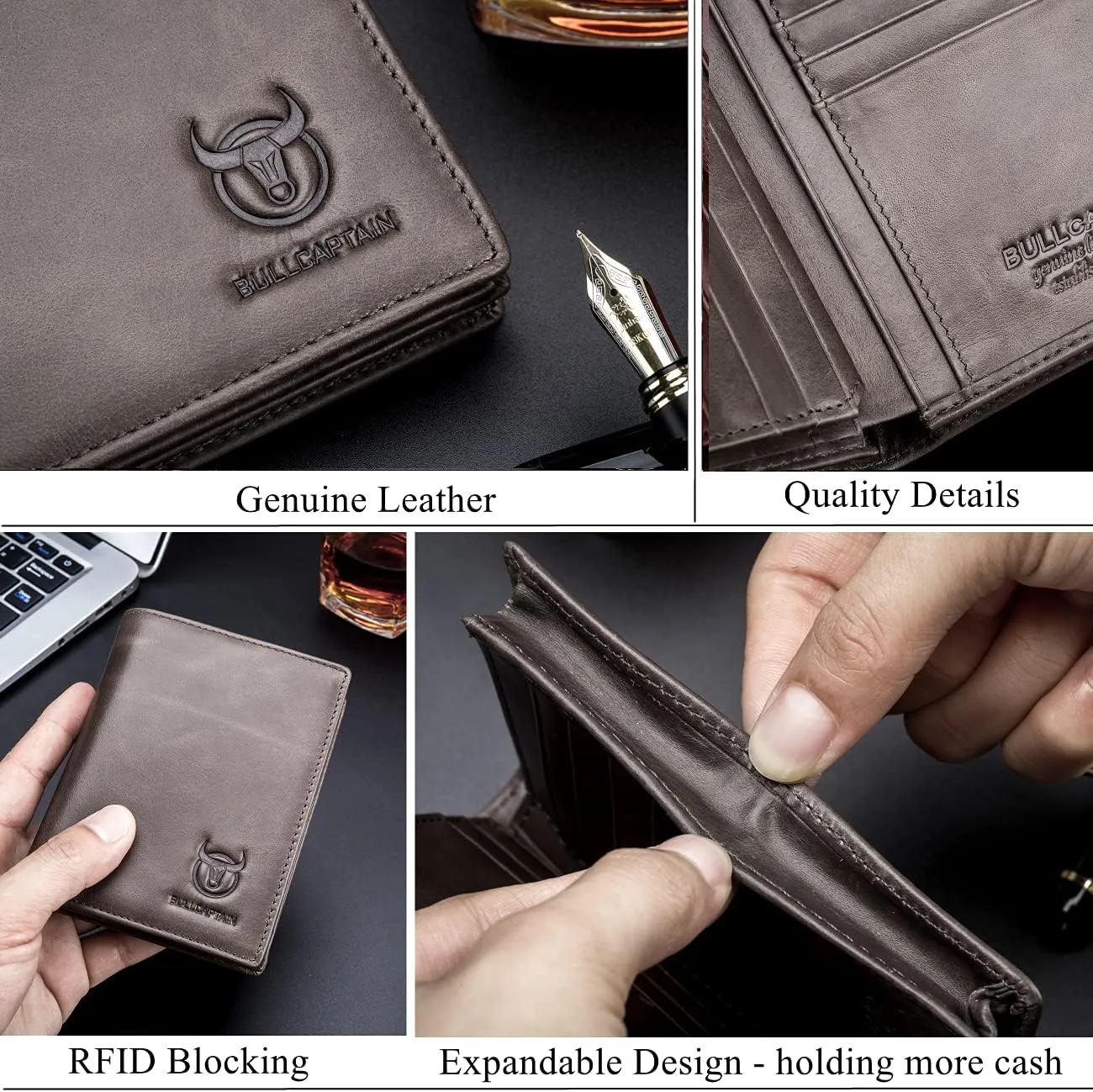 BULLCAPTAIN Large Capacity Genuine Leather Bifold Wallet/Credit Card Holder for Men with 15 Card Slots QB-027