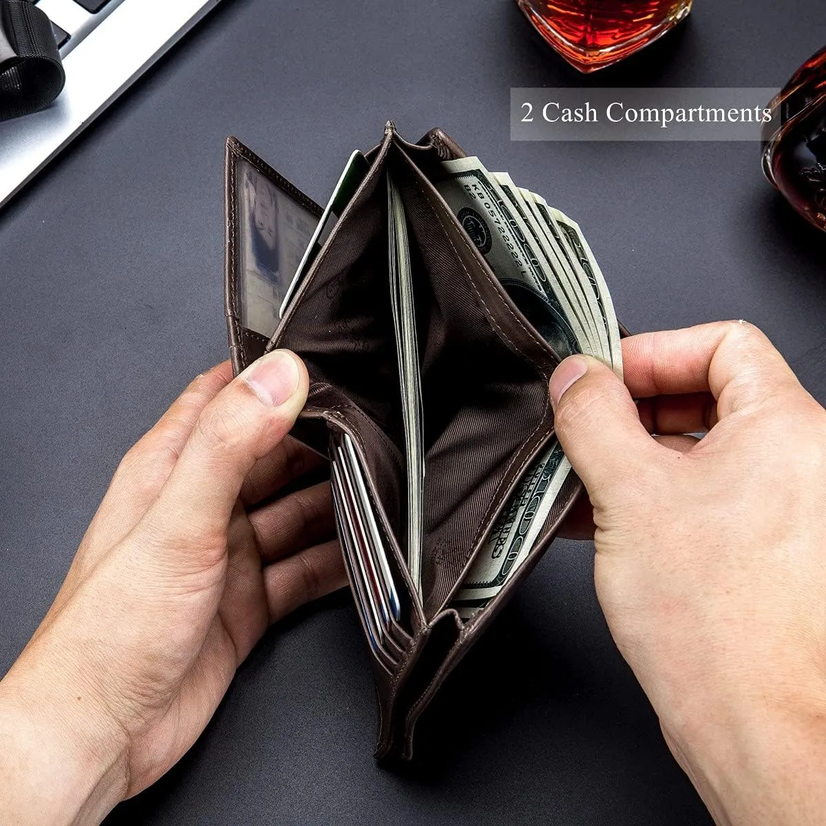 BULLCAPTAIN Large Capacity Genuine Leather Bifold Wallet/Credit Card Holder for Men with 15 Card Slots QB-027