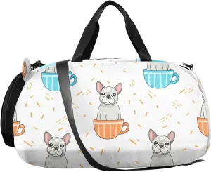 Bulldogs Teacups Pastel Kids Overnight Duffle Bag,Gymnastics Sports Dance Bag with Shoe Compartment & Wet Pocket, Travel Weekender Tote for Boys & Girls