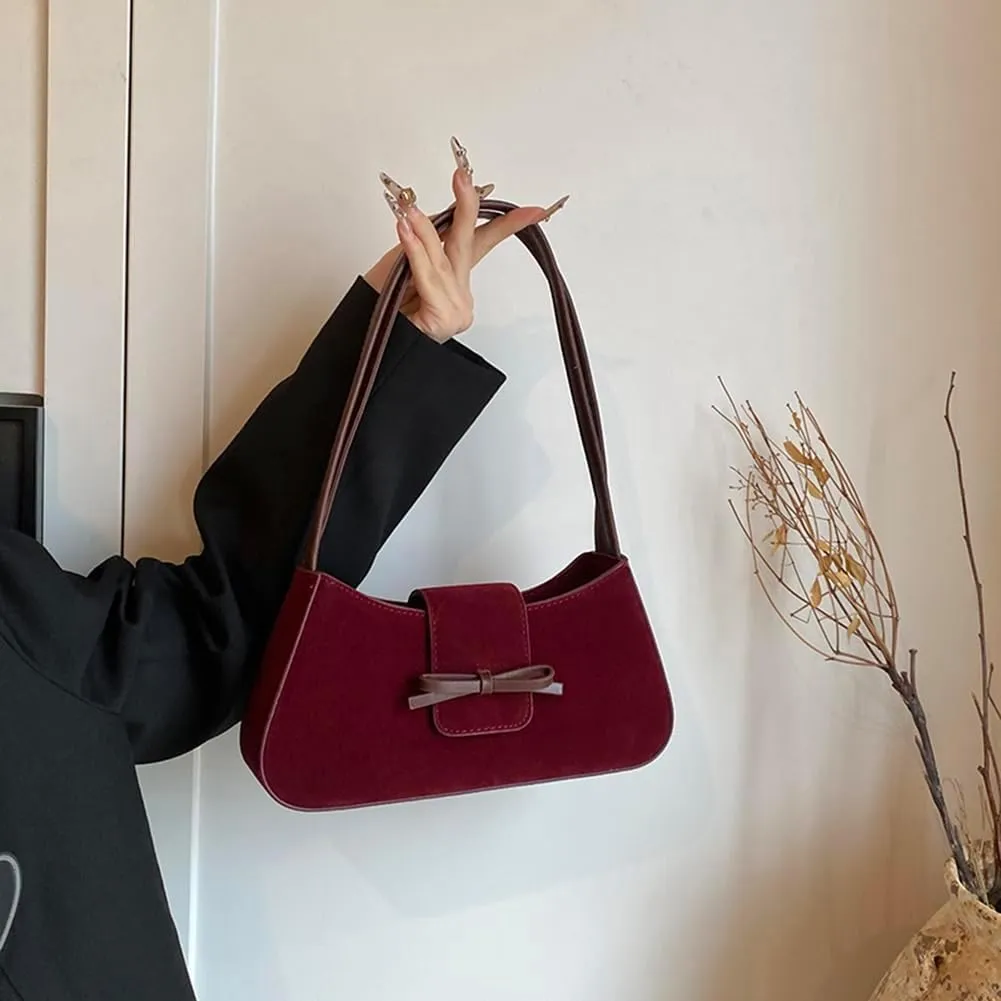 Burgundy Suede Bow-Tie Bag Coquette Bow Purse for Women Y2k Handbags Burgundy Purse Vegan Suede Underarm Bag