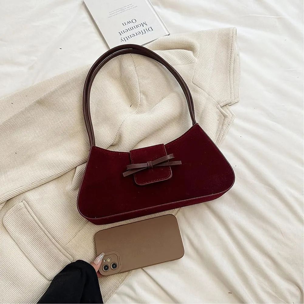 Burgundy Suede Bow-Tie Bag Coquette Bow Purse for Women Y2k Handbags Burgundy Purse Vegan Suede Underarm Bag