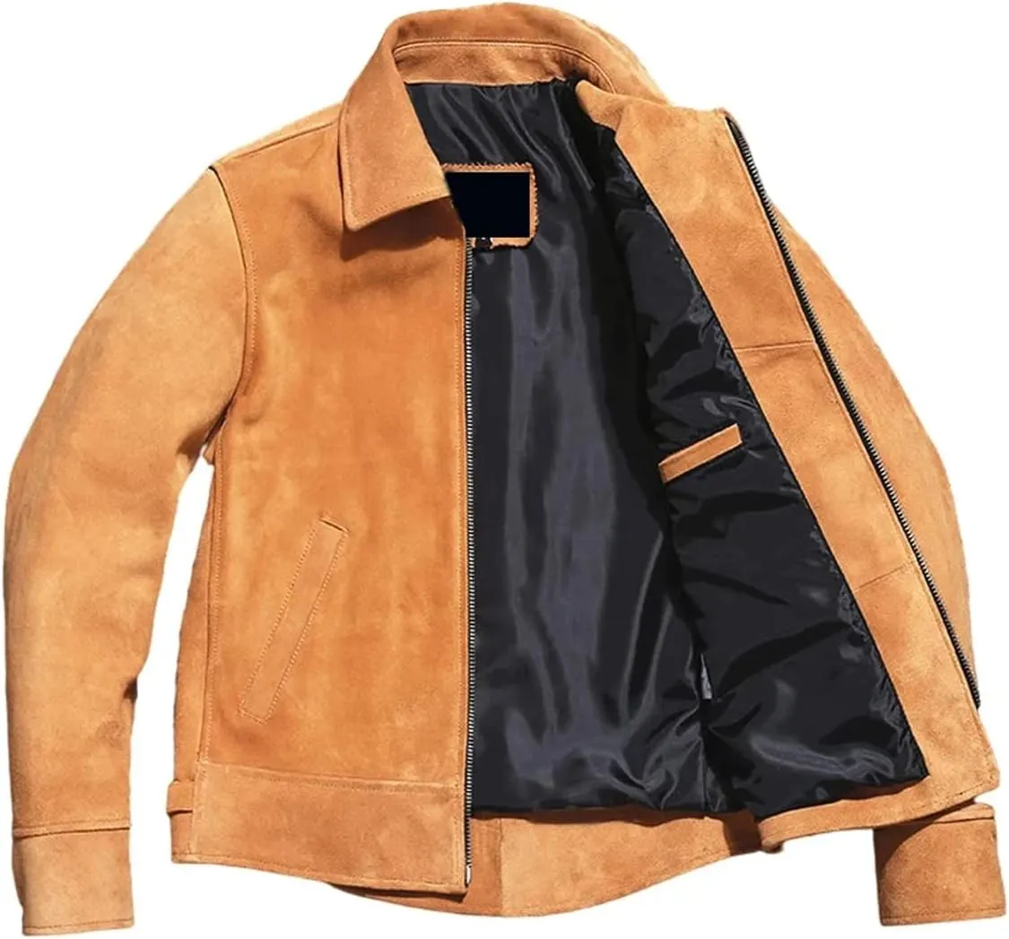 Buy & Catch Online Store Men Trucker Vintage Brown Real Suede Turn-Down Collar Leather Jacket-Classic Moto Full Zip Up Jacket