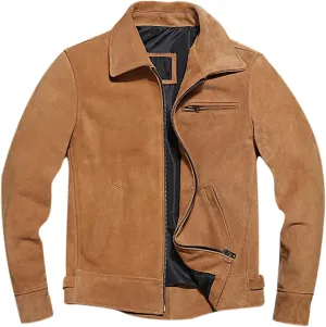 Buy & Catch Online Store Men Trucker Vintage Brown Real Suede Turn-Down Collar Leather Jacket-Classic Moto Full Zip Up Jacket