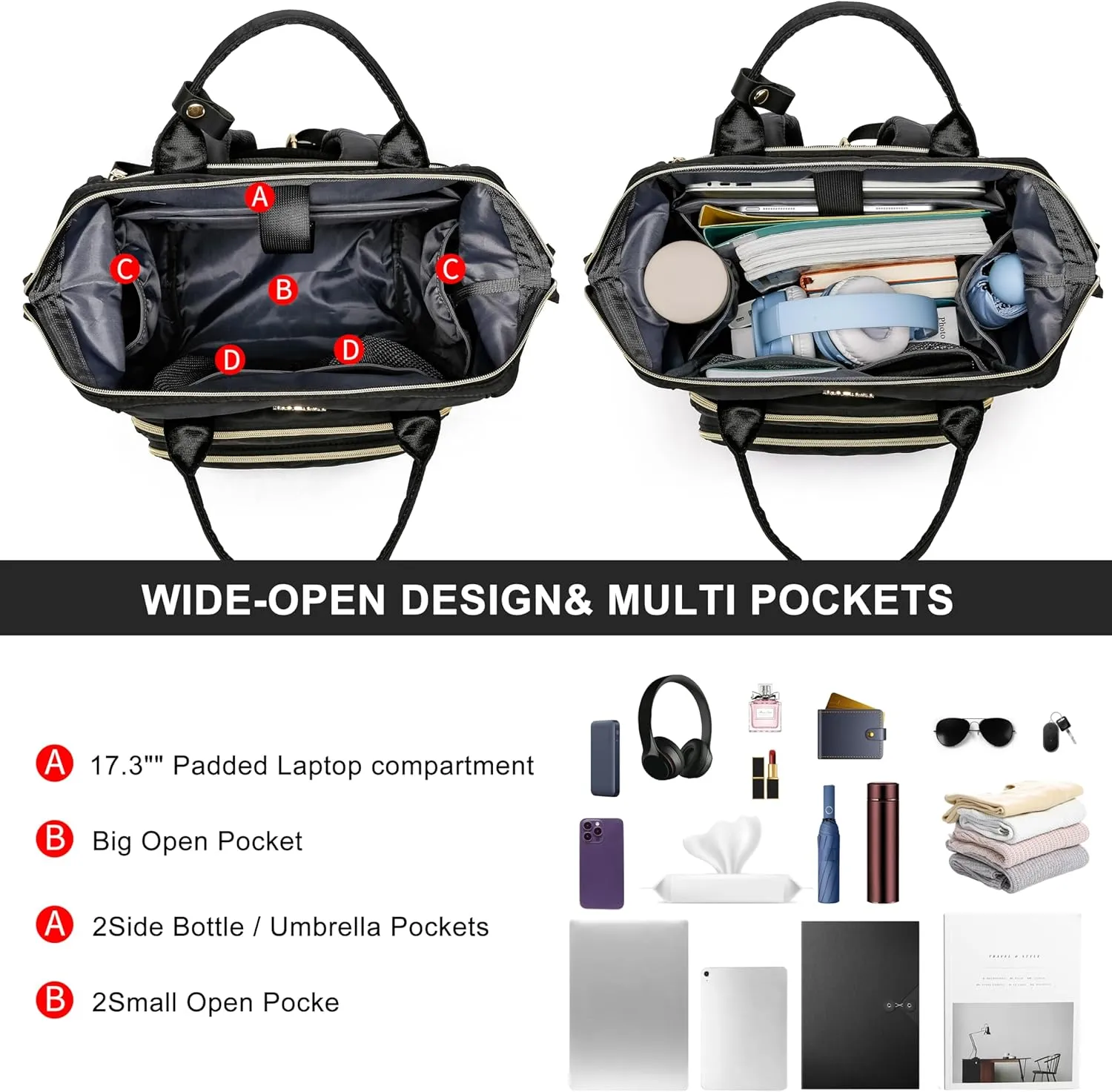 CAFELE Laptop Backpack, 17.3 Inch Convertible Work Laptop Bag，Waterproof Teacher Nurse Bag with USB Port, Fashion Travel Bag Business Computer Backpack Purse,Quilted Black(2323H-02)