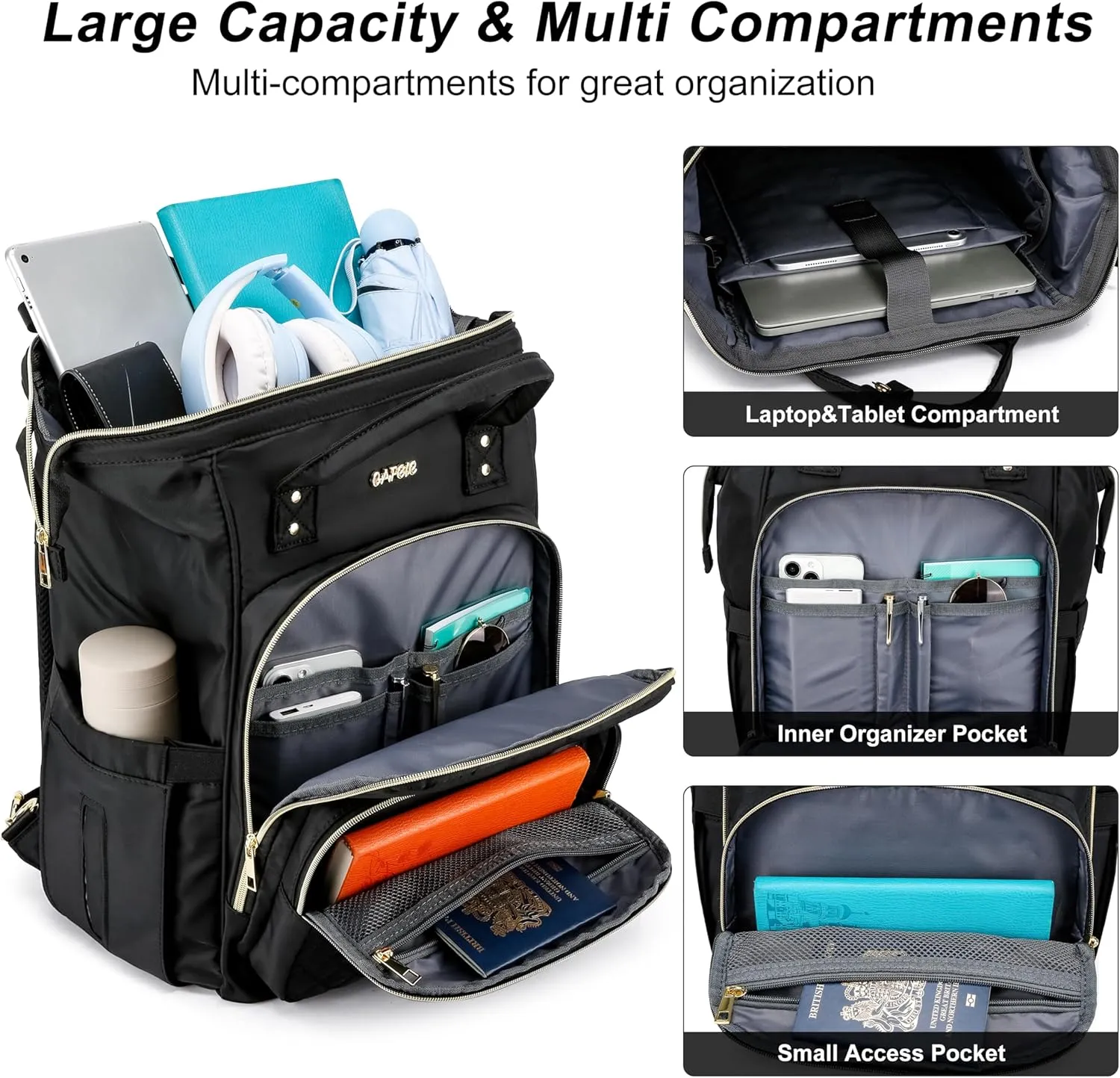 CAFELE Laptop Backpack, 17.3 Inch Convertible Work Laptop Bag，Waterproof Teacher Nurse Bag with USB Port, Fashion Travel Bag Business Computer Backpack Purse,Quilted Black(2323H-02)