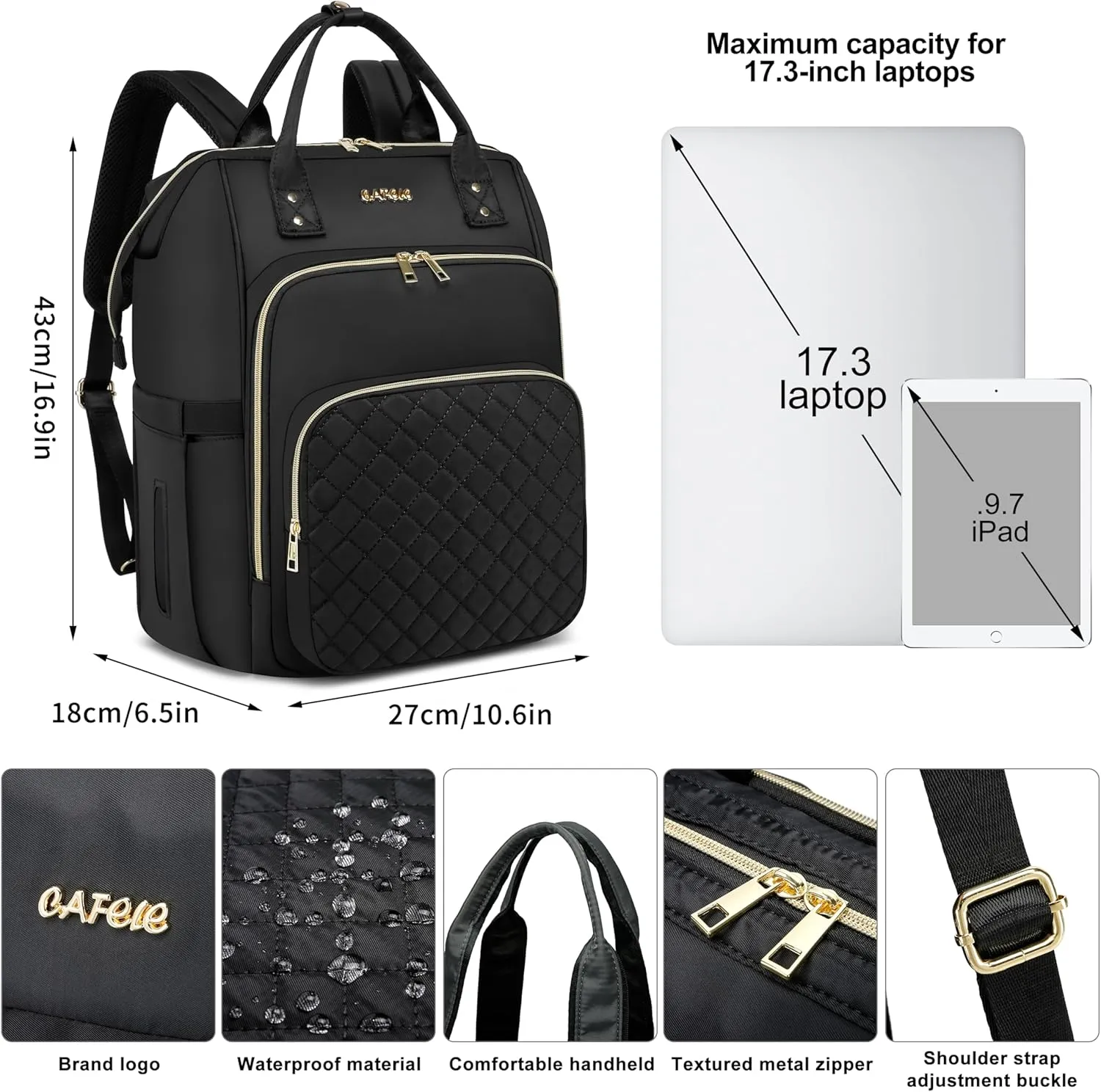 CAFELE Laptop Backpack, 17.3 Inch Convertible Work Laptop Bag，Waterproof Teacher Nurse Bag with USB Port, Fashion Travel Bag Business Computer Backpack Purse,Quilted Black(2323H-02)