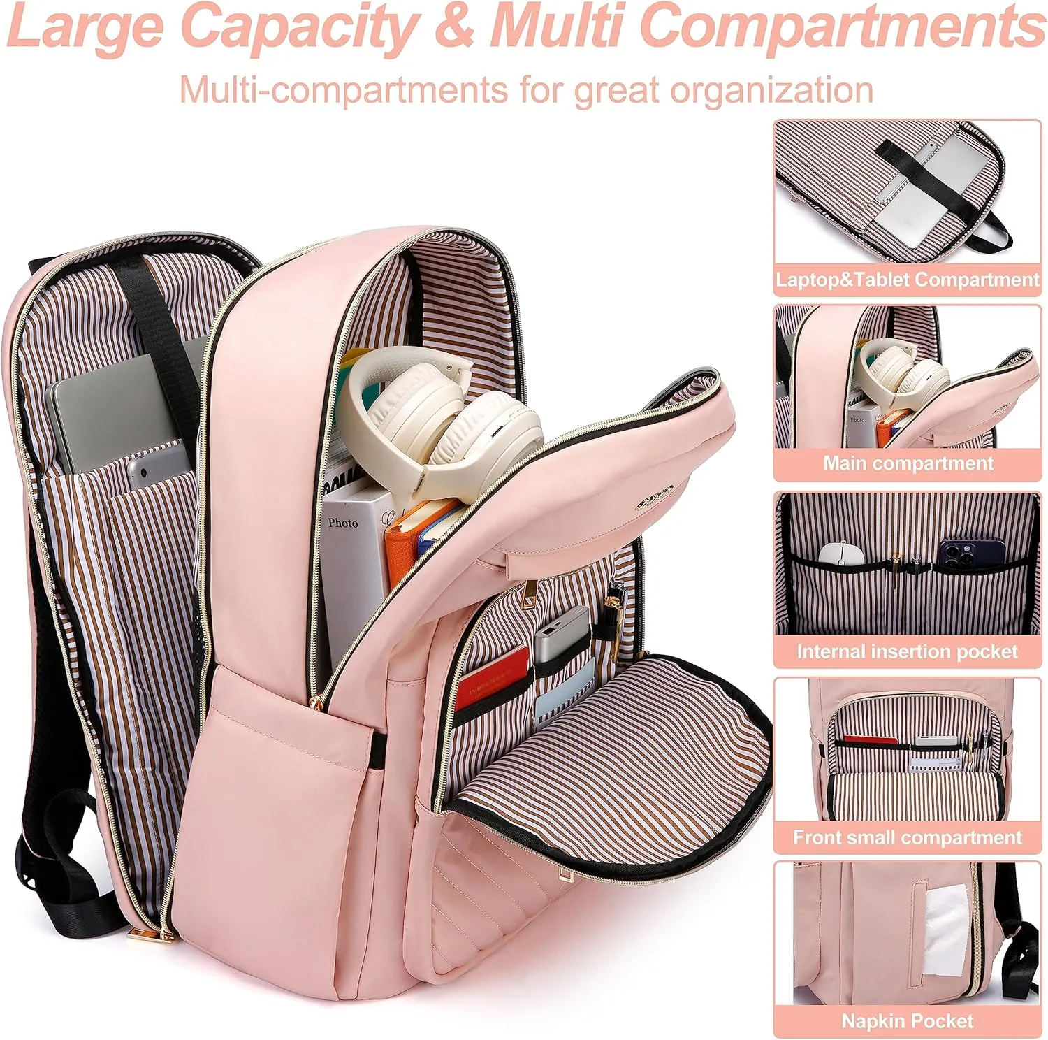 CAFELE Laptop Backpack for Women, Fits 17.3 Inch Laptop Bag, Fashion Travel Work Anti-theft Bagpack,Business Computer Waterproof Backpack,Pink Large College Backpacks