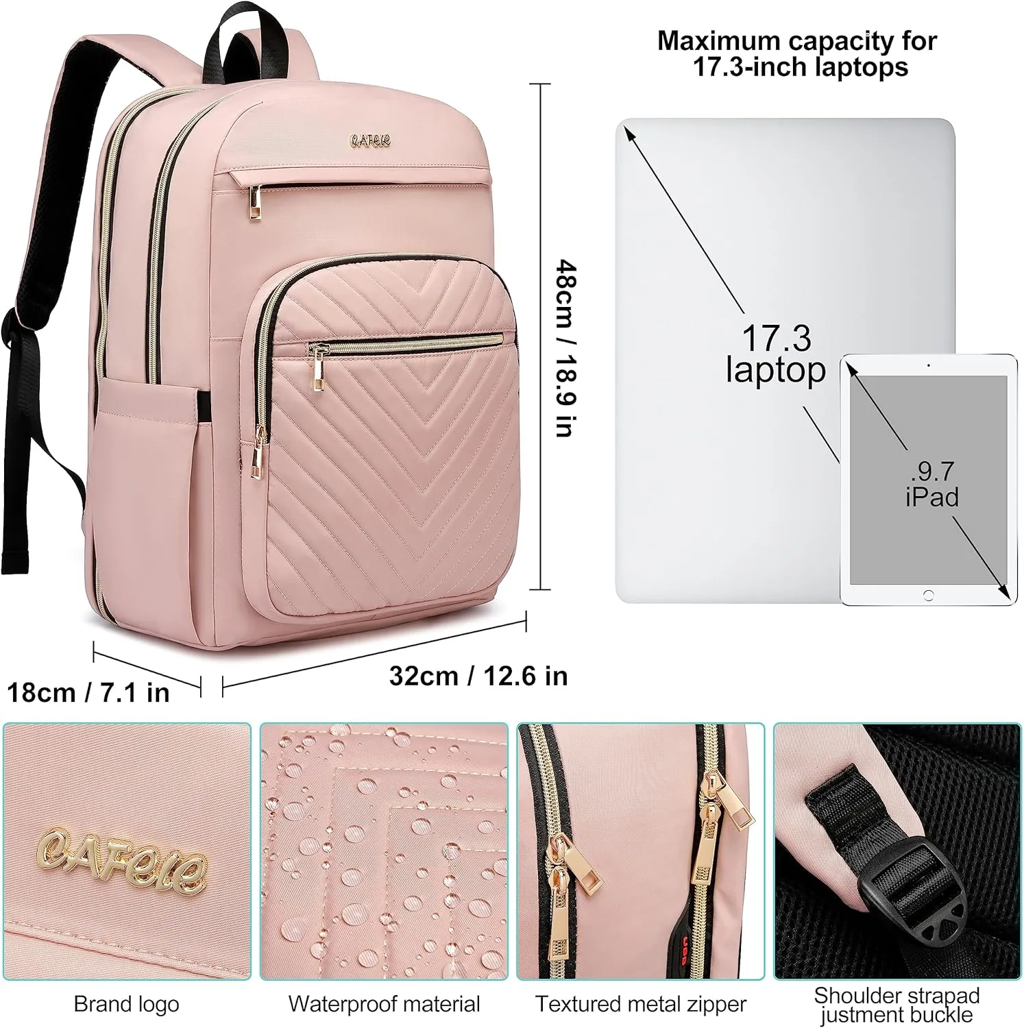 CAFELE Laptop Backpack for Women, Fits 17.3 Inch Laptop Bag, Fashion Travel Work Anti-theft Bagpack,Business Computer Waterproof Backpack,Pink Large College Backpacks