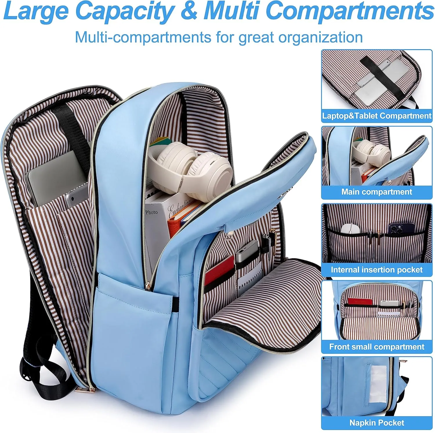 CAFELE Laptop Backpack Purse for Women Men Waterproof Teacher Nurse Bag, 17.3 inch Work laptop Bag with USB Port, Business Travel Computer Backpack Light Blue
