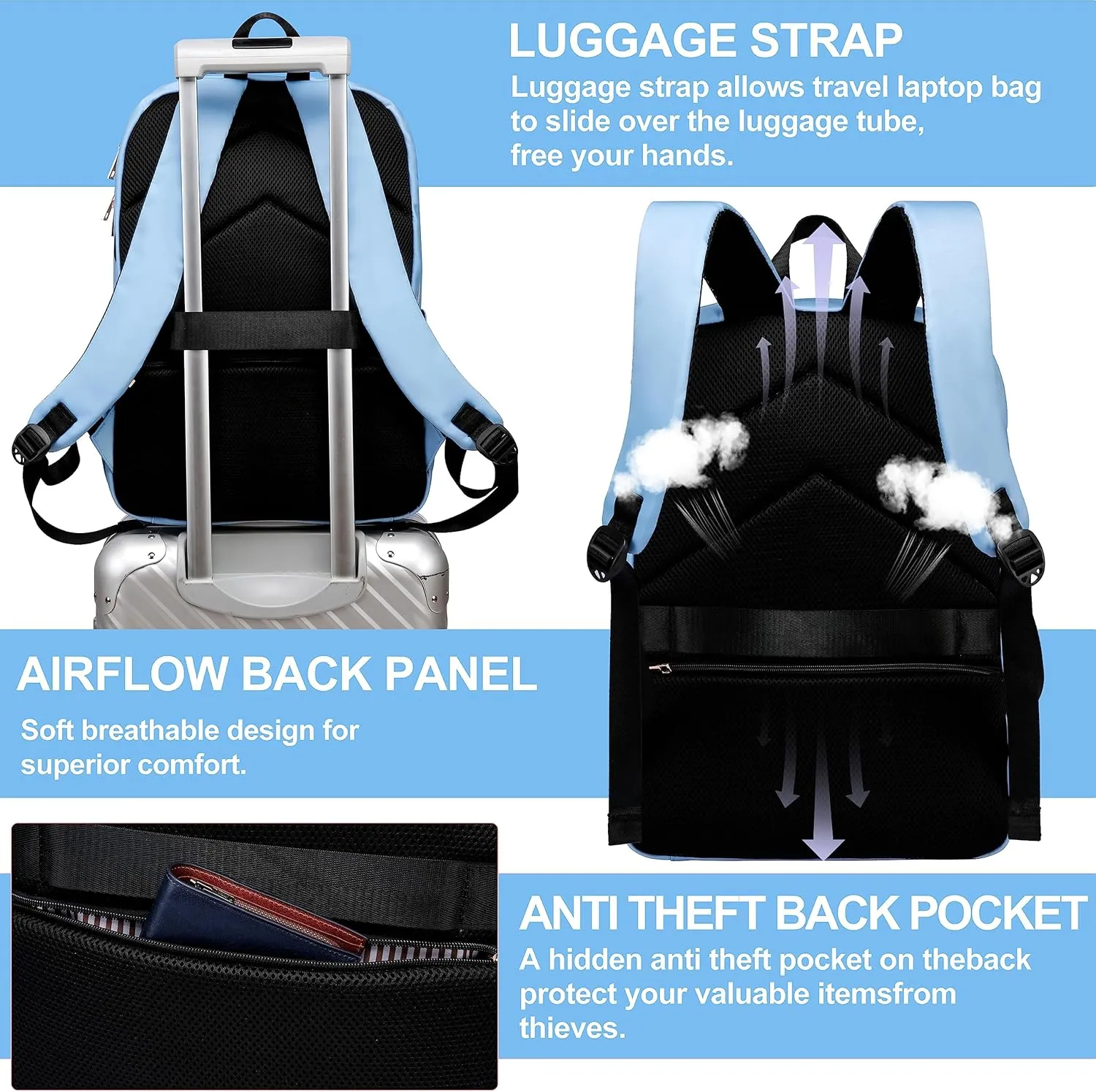 CAFELE Laptop Backpack Purse for Women Men Waterproof Teacher Nurse Bag, 17.3 inch Work laptop Bag with USB Port, Business Travel Computer Backpack Light Blue
