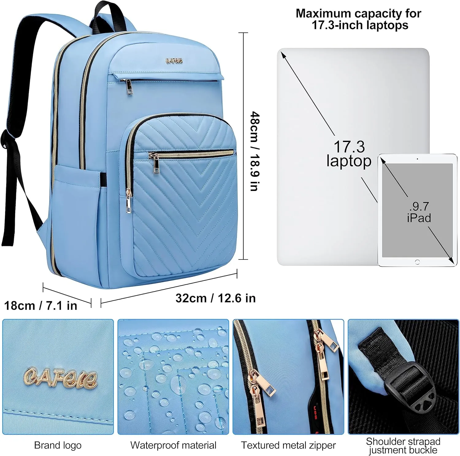 CAFELE Laptop Backpack Purse for Women Men Waterproof Teacher Nurse Bag, 17.3 inch Work laptop Bag with USB Port, Business Travel Computer Backpack Light Blue