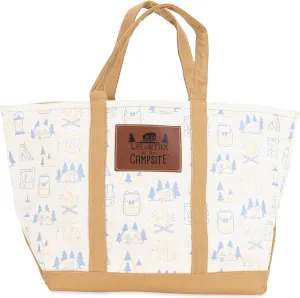 Camco Life is Better at the Campsite Canvas Tote Bag | Features a Heavy-Duty Cotton Canvas Design with Reinforced Base, a Unique RV-Themed Adventure Print, and a Zippered Top Closure | X-Large (53128)