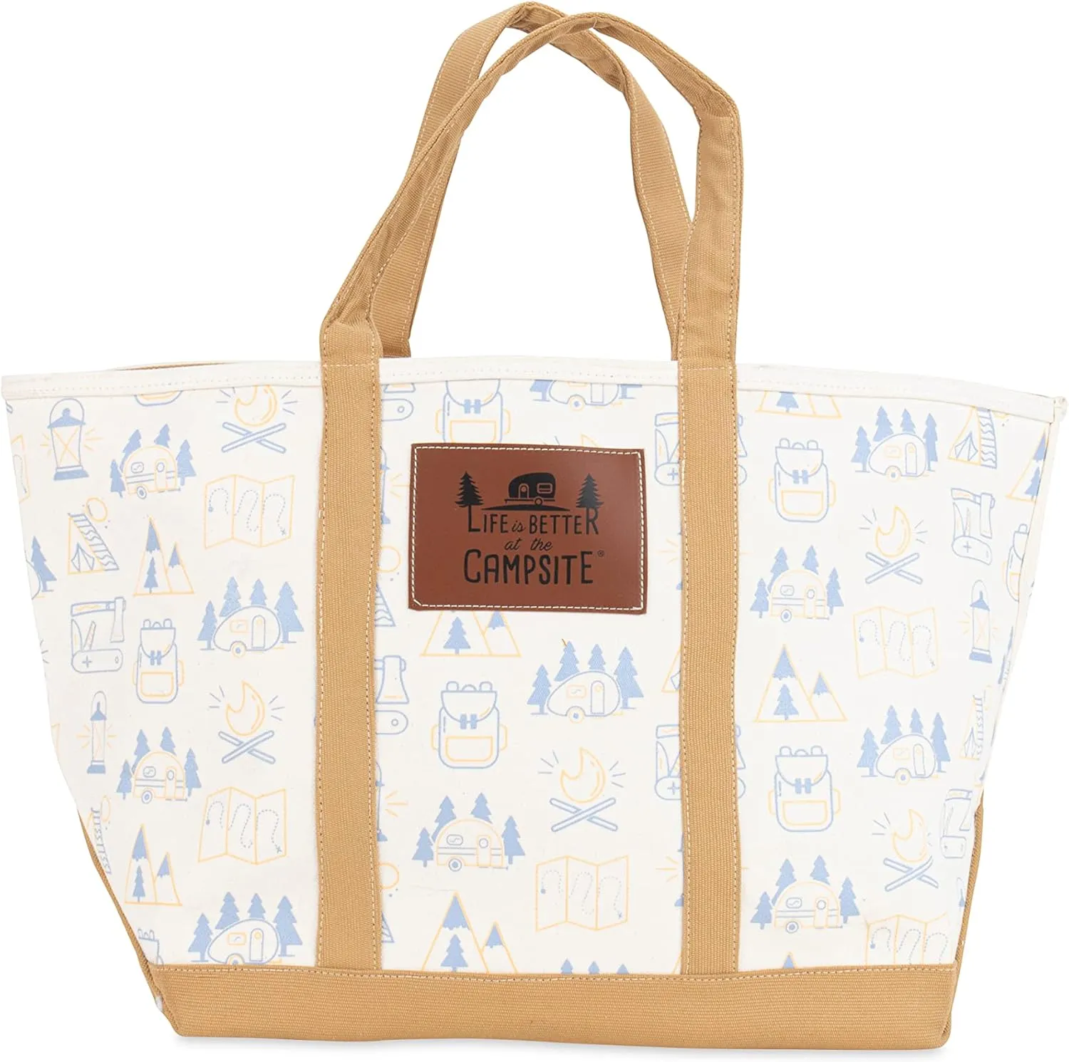 Camco Life is Better at the Campsite Canvas Tote Bag | Features a Heavy-Duty Cotton Canvas Design with Reinforced Base, a Unique RV-Themed Adventure Print, and a Zippered Top Closure | X-Large (53128)