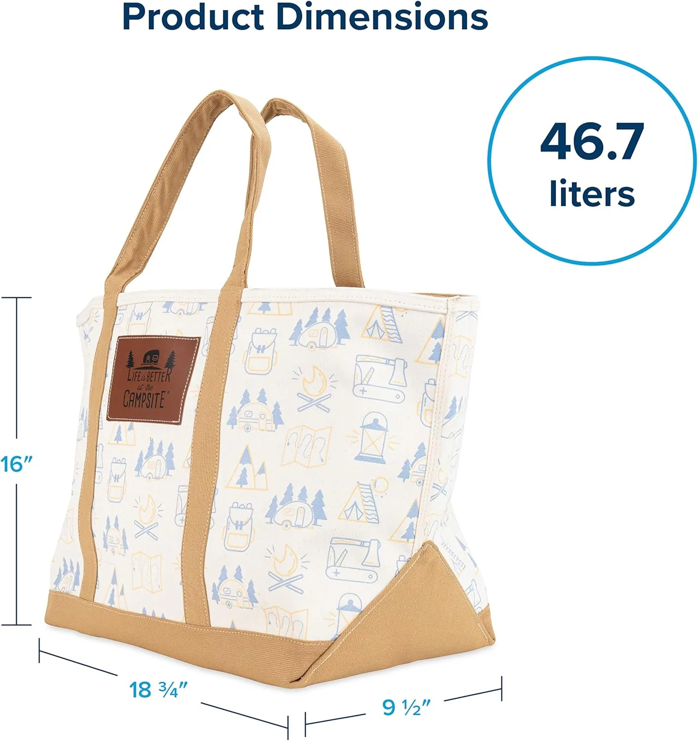 Camco Life is Better at the Campsite Canvas Tote Bag | Features a Heavy-Duty Cotton Canvas Design with Reinforced Base, a Unique RV-Themed Adventure Print, and a Zippered Top Closure | X-Large (53128)