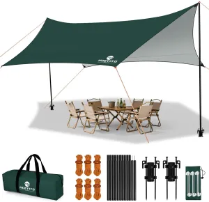 Camping Tarp with Poles & Retainer,15x12.5FT Large Waterproof 210D Oxford Cloth Camping Canopy, Anti-UV UPF100  Tent Tarp Car Awning for Outdoor, Picnic, Hammock, Car, Backpacking(Green)