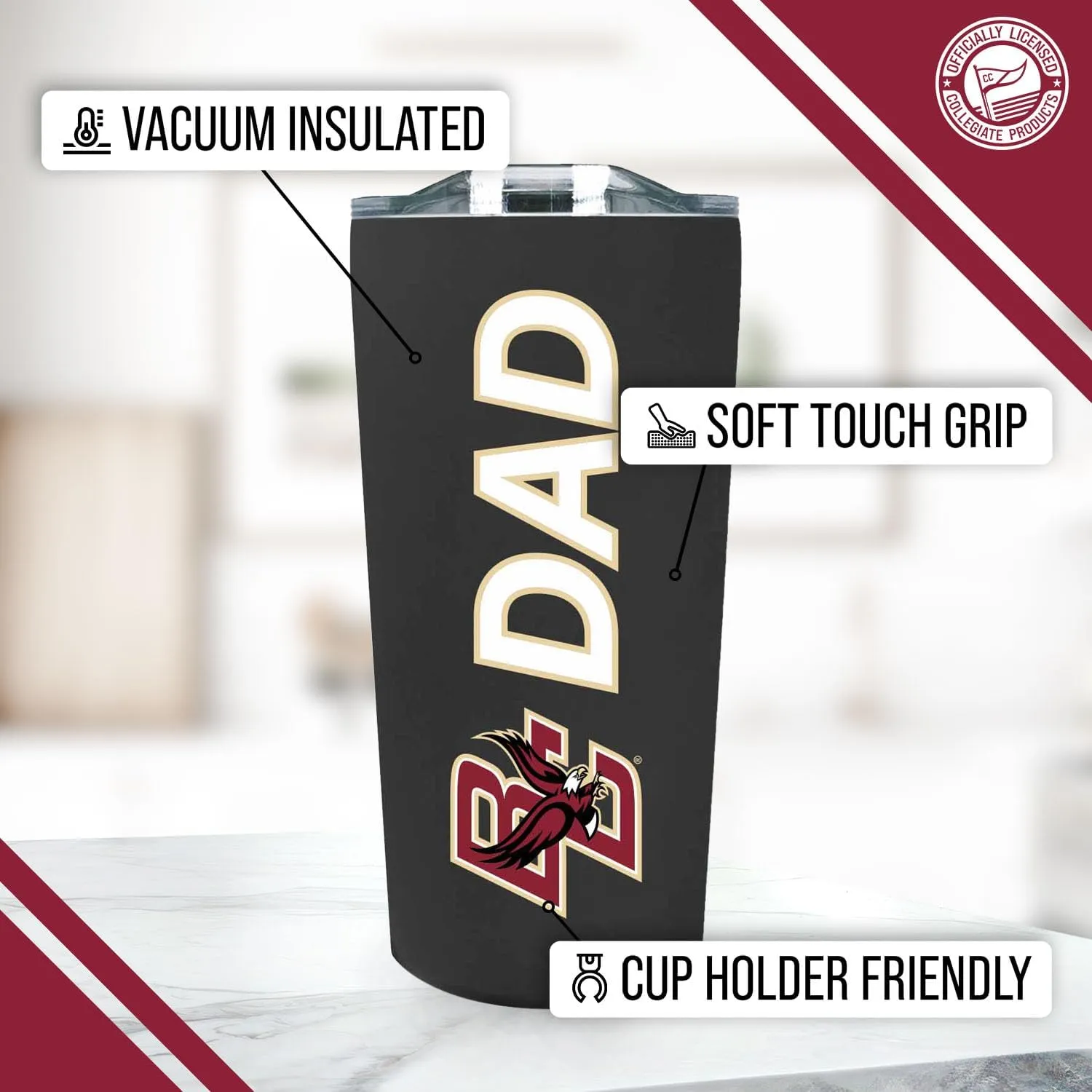 Campus Colors NCAA Stainless Steel Travel Tumbler for Dad - 18 oz - Double Walled Insulated Drinkware (Boston College Eagles - Black)