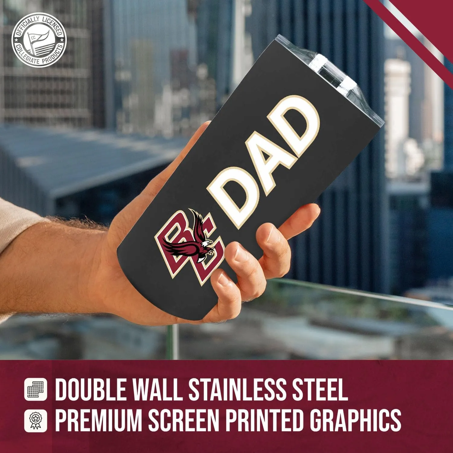 Campus Colors NCAA Stainless Steel Travel Tumbler for Dad - 18 oz - Double Walled Insulated Drinkware (Boston College Eagles - Black)