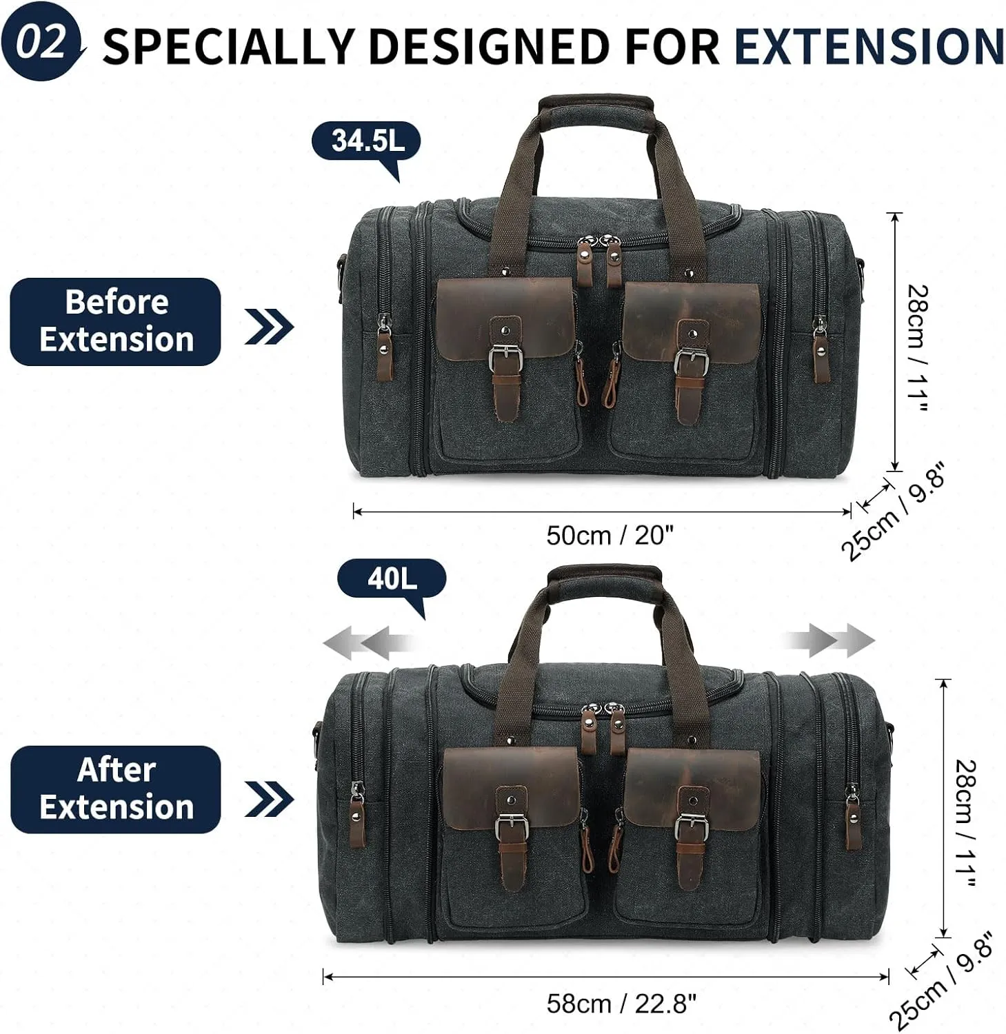 Canvas Duffle Bag with Genuine Leather Accents, Expandable 20-23 Inch Travel Weekender, Multiple Pockets, Black