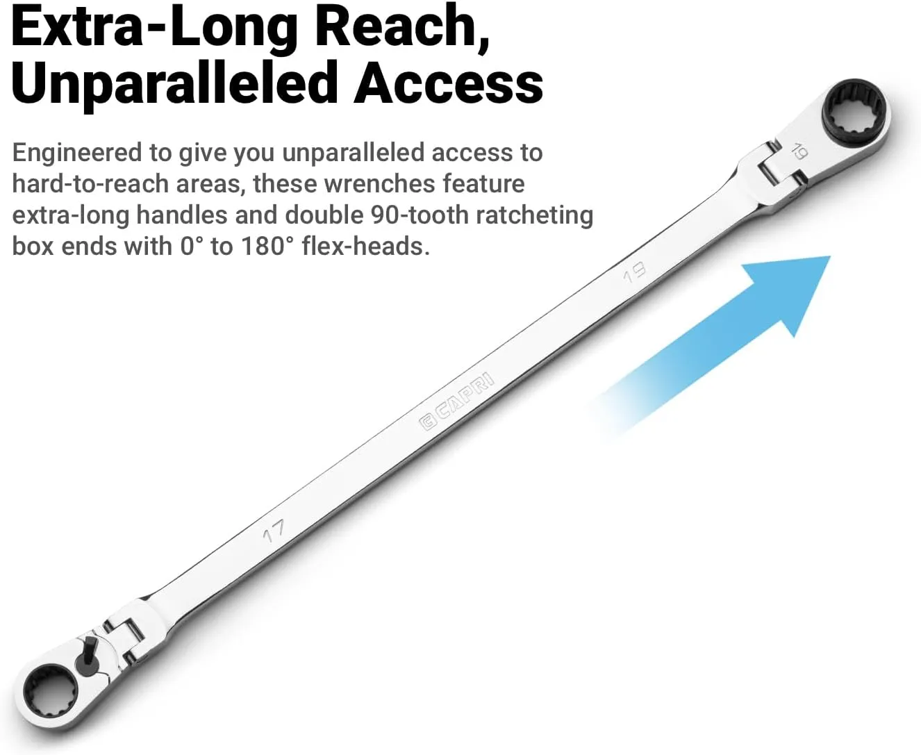 Capri Tools 13 x 15 mm 90-Tooth Extra-Long Double Box End Reversible Ratcheting Wrench, Spline Drive, Metric