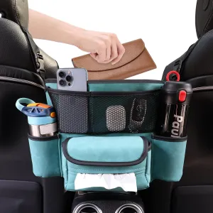 Car Purse Holder Between Front Seats, Auto Seat Organizer with Net Storage Pocket, Handbag Holder for Vehicle Center Console. Blue