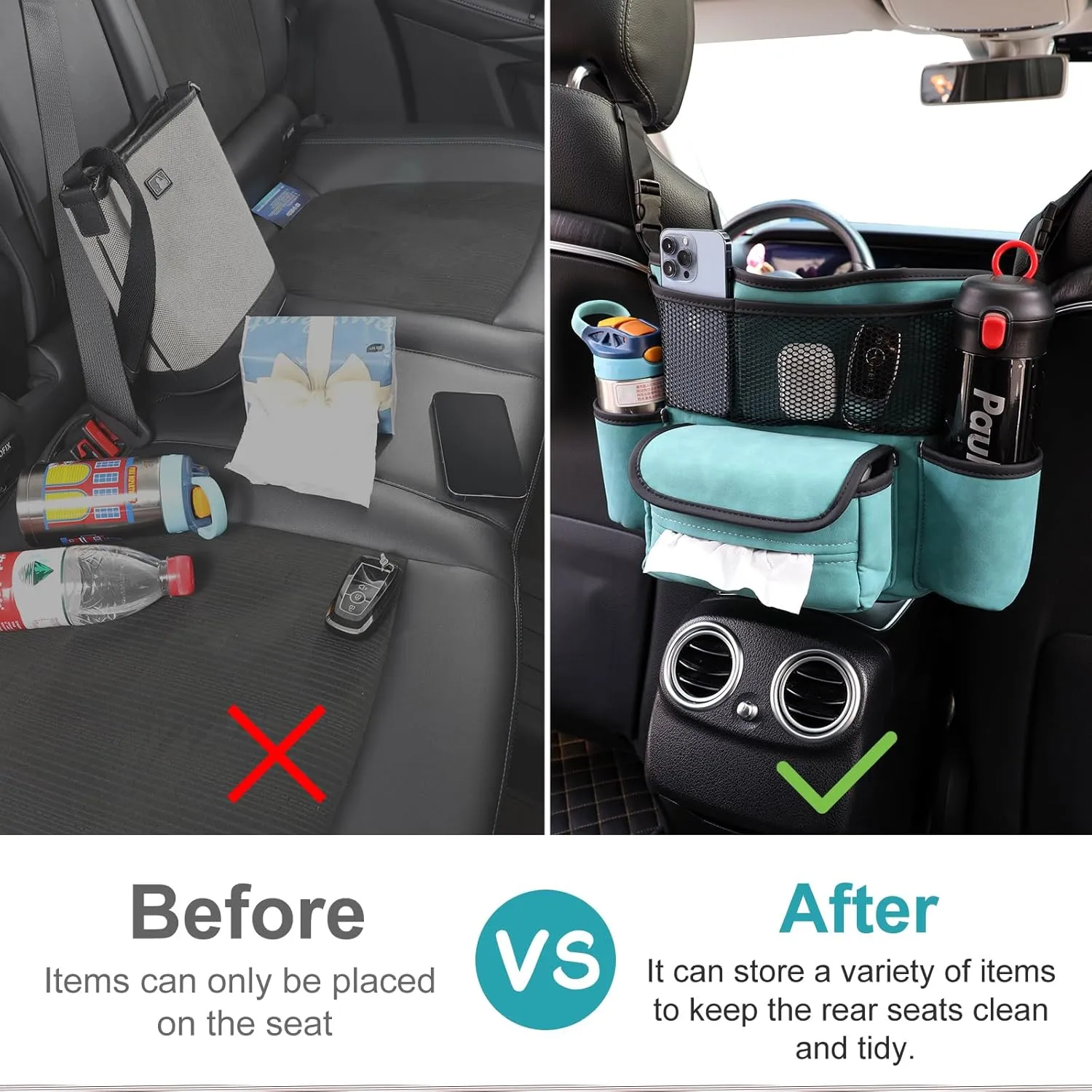 Car Purse Holder Between Front Seats, Auto Seat Organizer with Net Storage Pocket, Handbag Holder for Vehicle Center Console. Blue