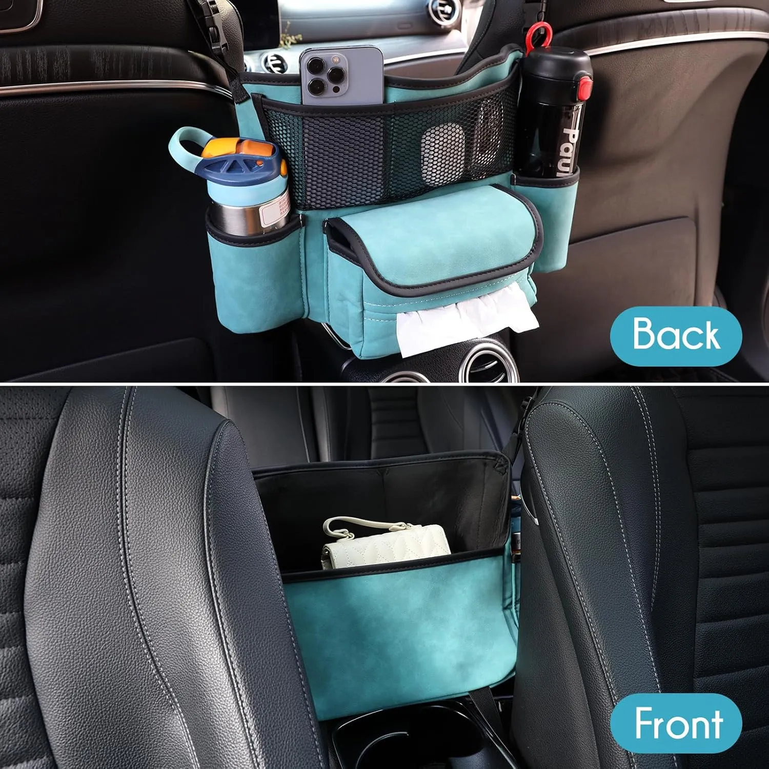 Car Purse Holder Between Front Seats, Auto Seat Organizer with Net Storage Pocket, Handbag Holder for Vehicle Center Console. Blue