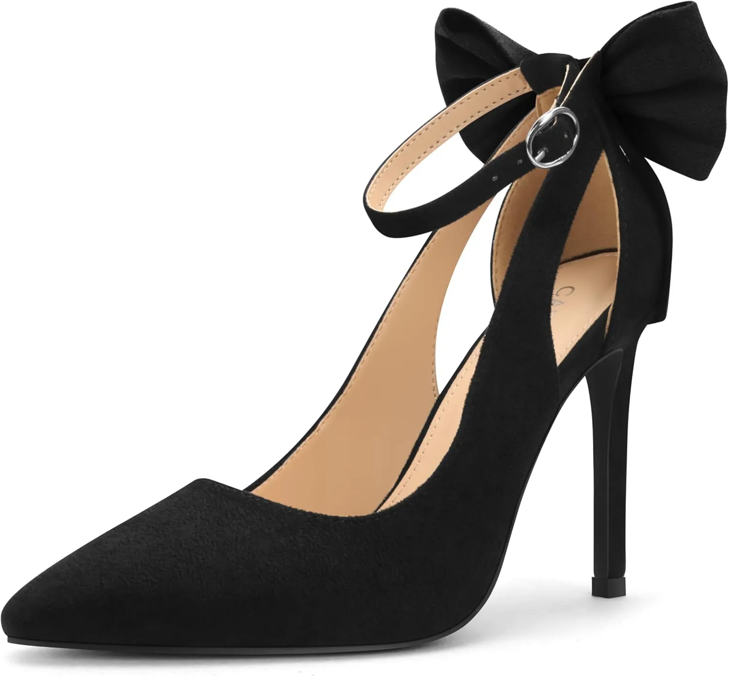 Carcuume Women's High Heels Strappy Pointed Toe Bow Pumps Ankle Strap Stiletto Party Shoes