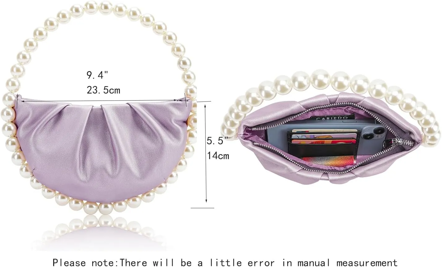 CARIEDO Pearl Soft Face Pleated Handbag Advanced Evening Bag Party Prom Bride Purse Phone Clutch Purse