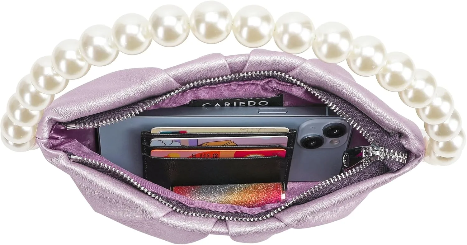 CARIEDO Pearl Soft Face Pleated Handbag Advanced Evening Bag Party Prom Bride Purse Phone Clutch Purse