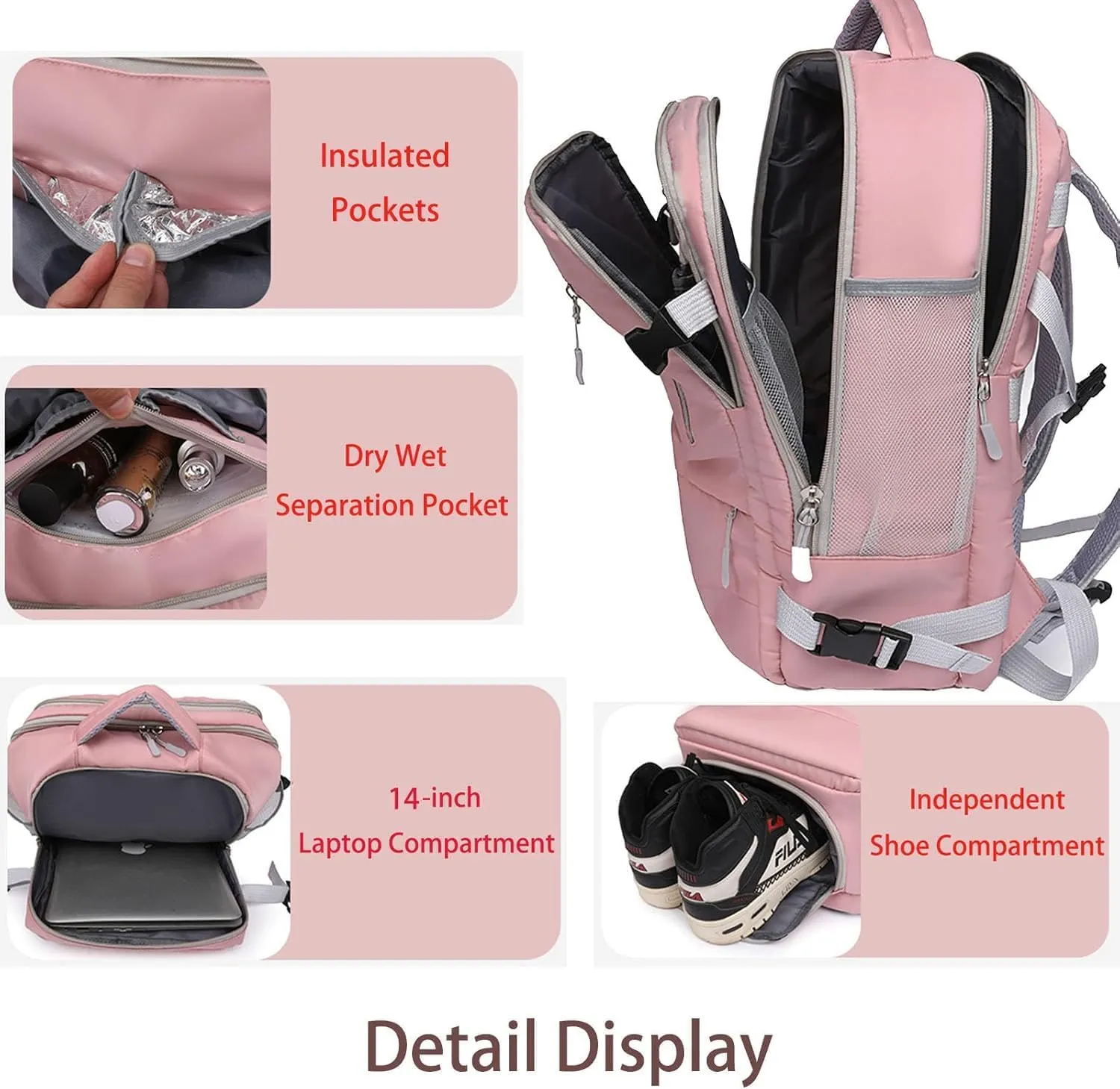 Carry On Backpack 14inch Business Laptop Travel Backpack with Shoe Compartment Dry Wet Separation Pocket, Pink, One Size