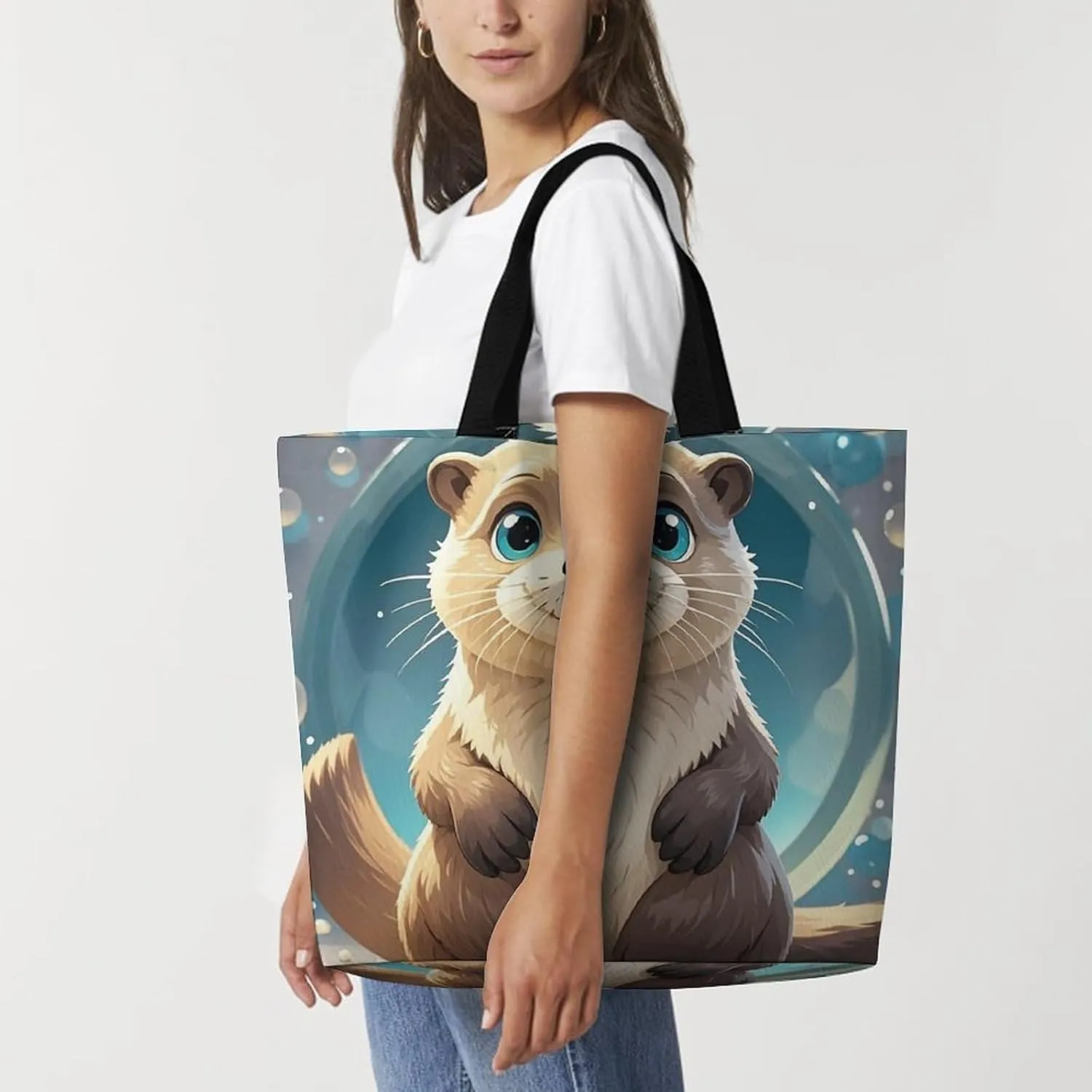 Cartoon Cute Otter Tote Bag for Women Reusable Grocery Shoulder Bag Shopping Bags for Travel, Groceries