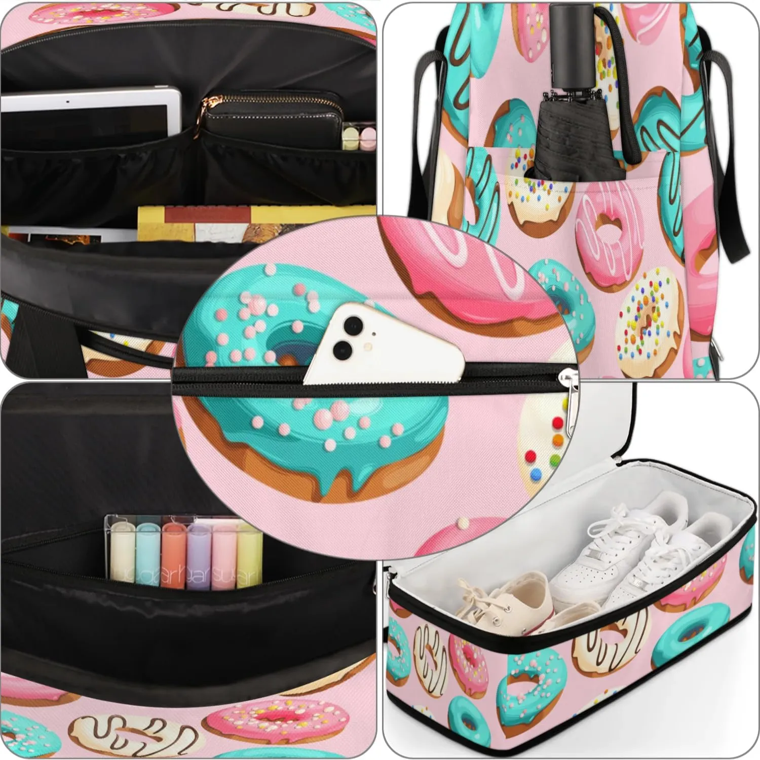 Cartoon Donuts Sports Gym Bag with Shoes Compartment Foldable Travel Duffel Bag Dry Wet Separated Sports Tote Workout Weekender Overnight Bag for Women Yoga Dance Work Training Handbag