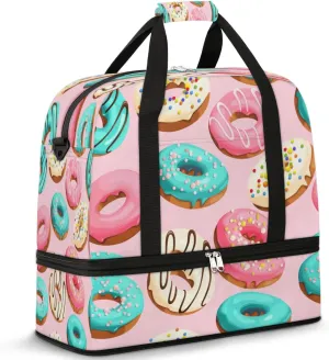 Cartoon Donuts Sports Gym Bag with Shoes Compartment Foldable Travel Duffel Bag Dry Wet Separated Sports Tote Workout Weekender Overnight Bag for Women Yoga Dance Work Training Handbag